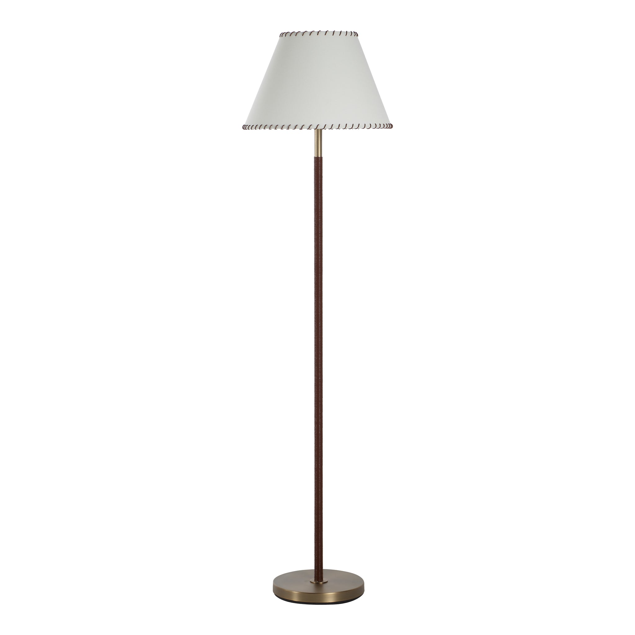 Elea floor lamp with a white shade and bronze base, featuring a textured brown stem.