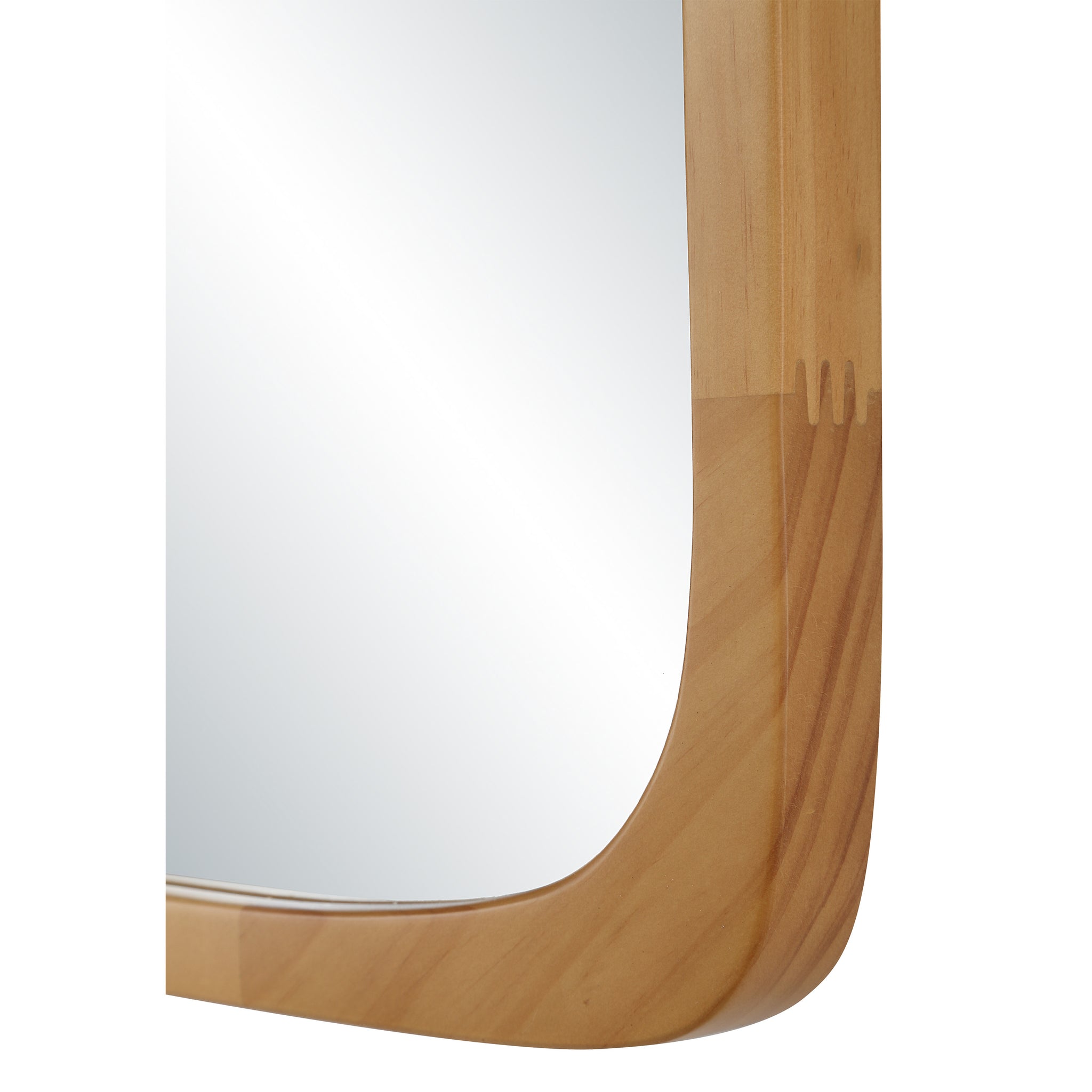 Close-up of Scisto mirror's rounded wooden frame, highlighting craftsmanship and detail.