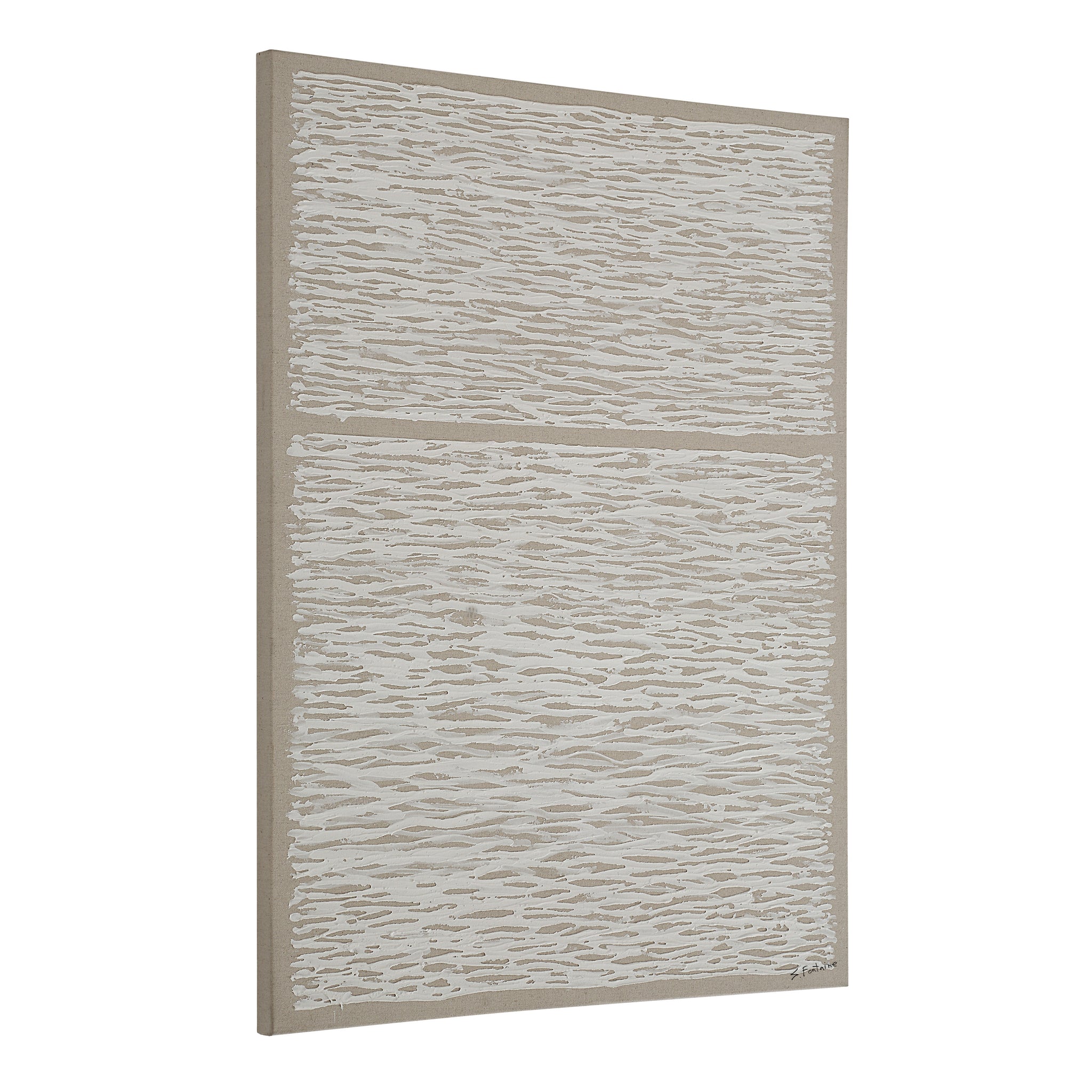 Chiari Canvas Art displayed at an angle, showcasing a white textured design on beige