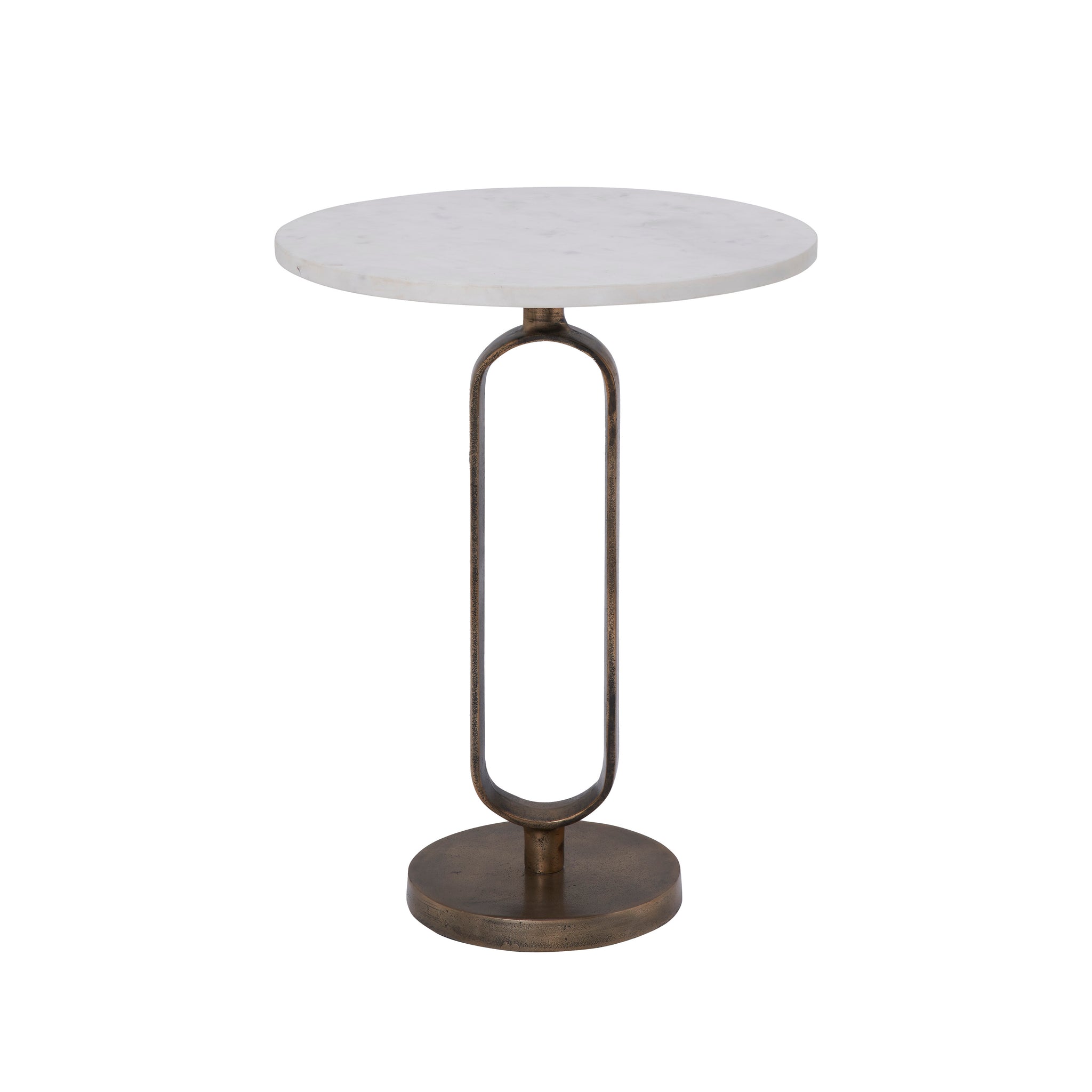Irene Side Table with round marble top and bronze metal base, showcasing minimalist design.
