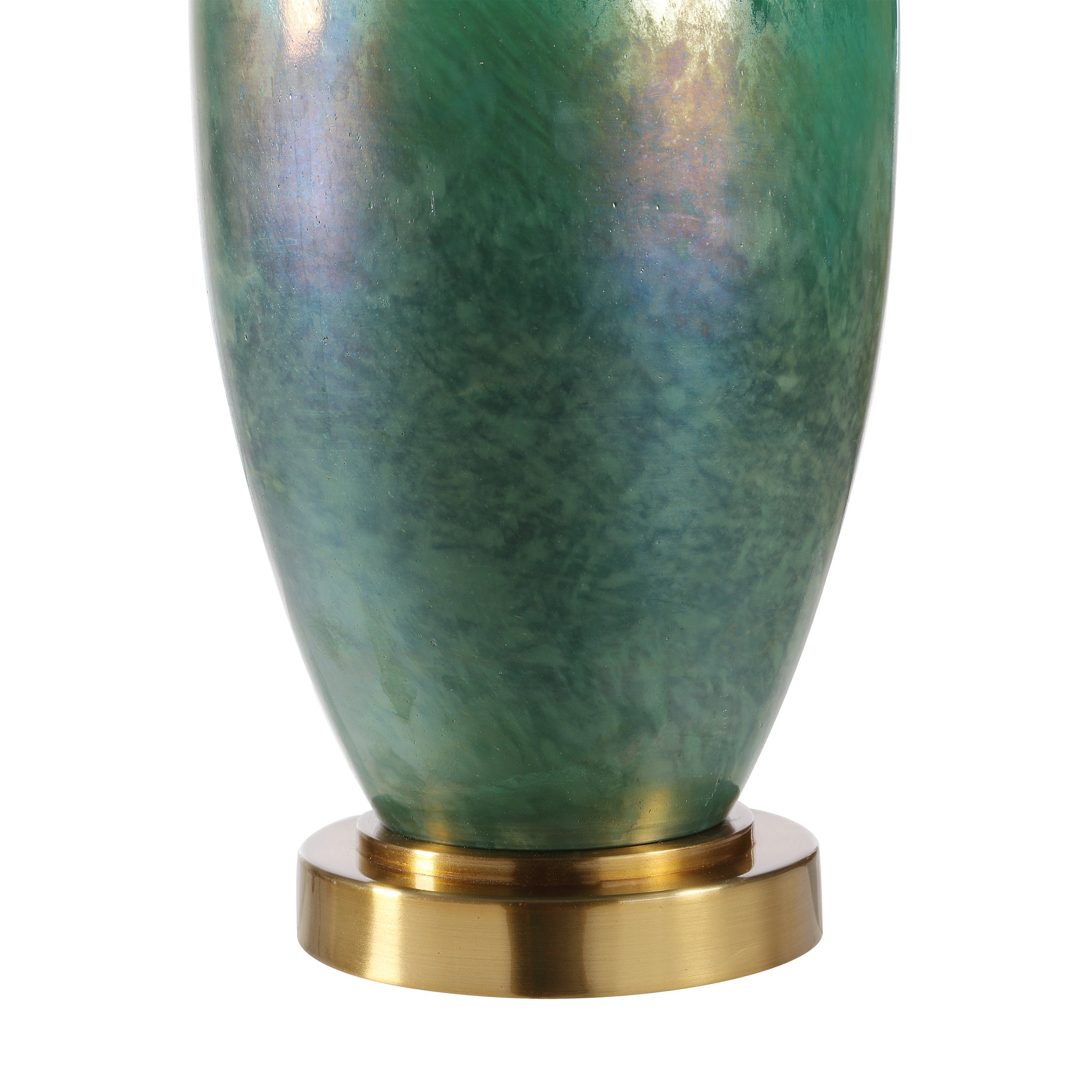 Close-up of Wave table lamp base featuring a green iridescent glass finish with a gold base