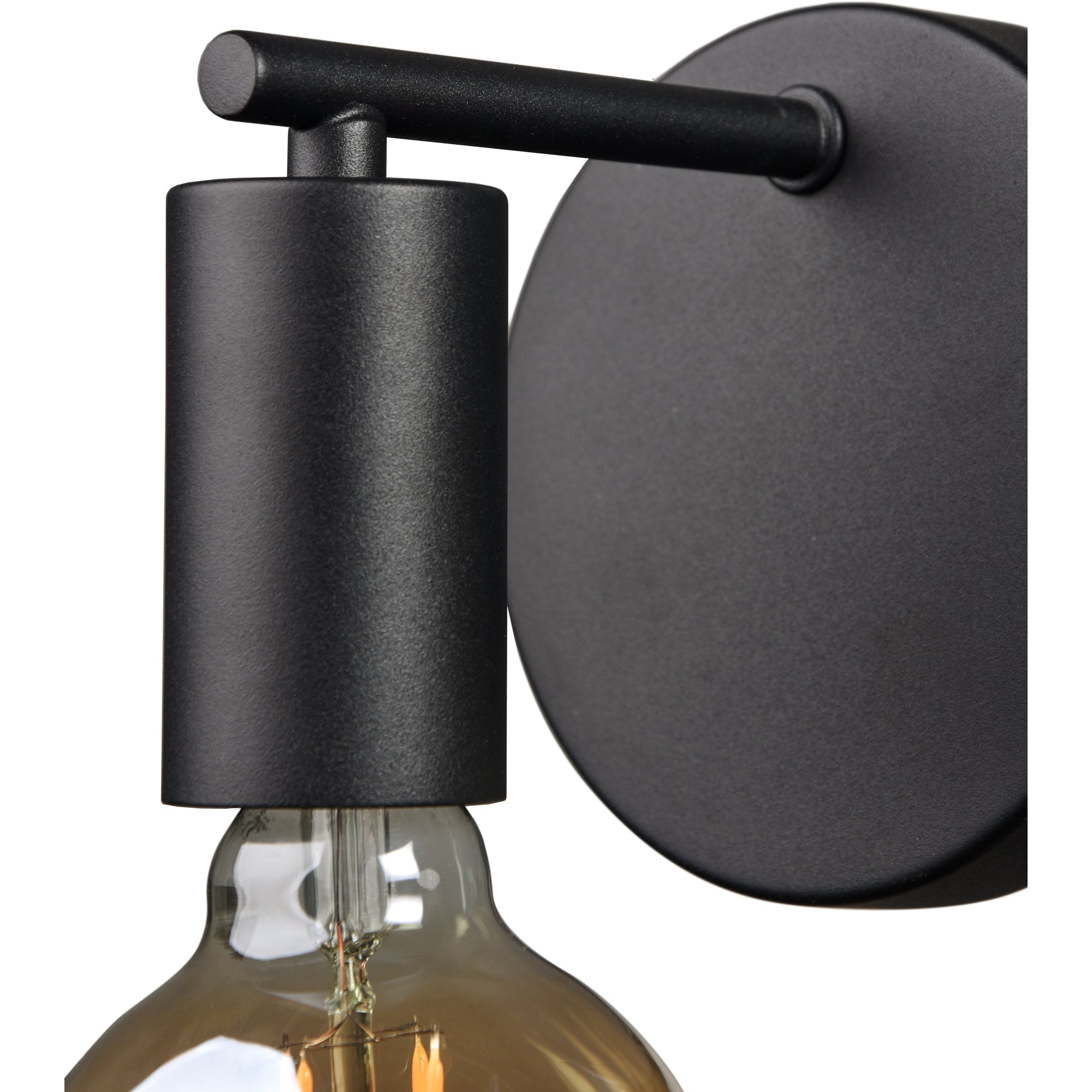 Close-up view of the Think Wall Sconce with a black cylindrical holder and glass bulb.