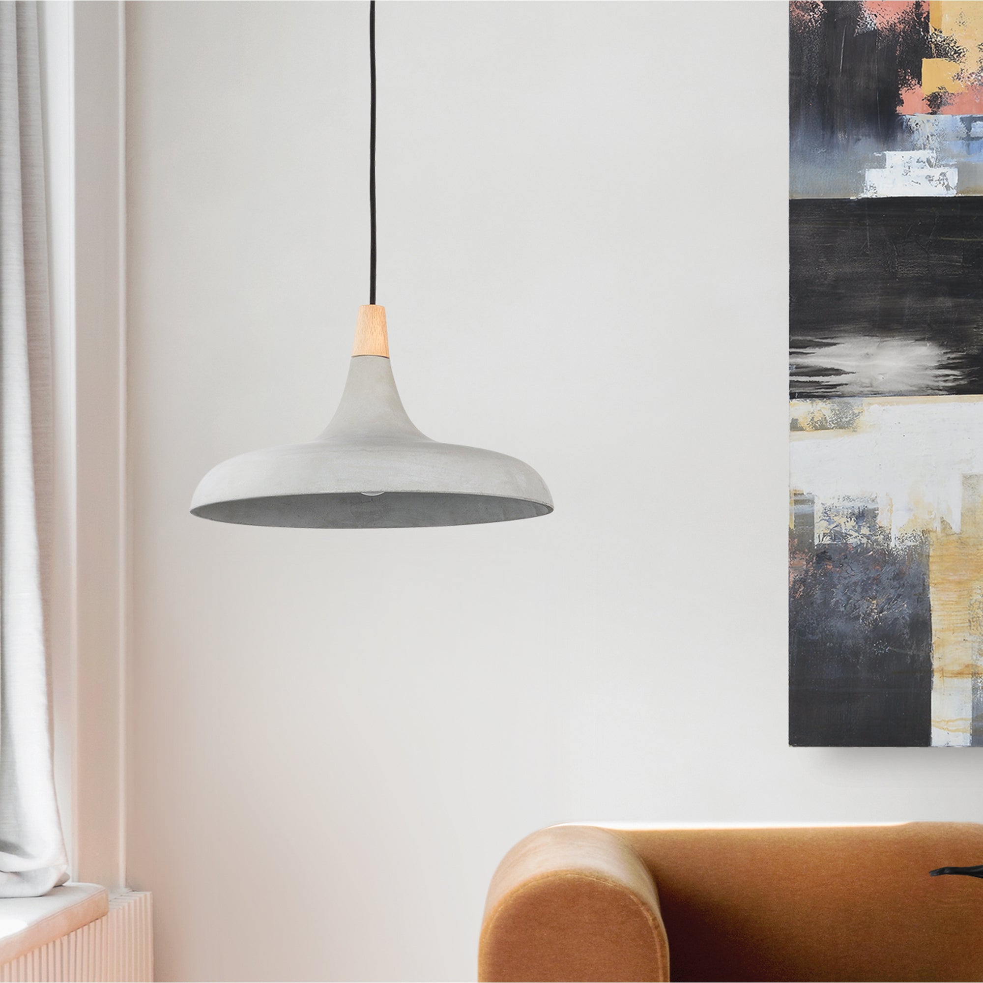 Viola-May Ceiling Fixture in a modern living space, showcasing gray shade above a sofa.