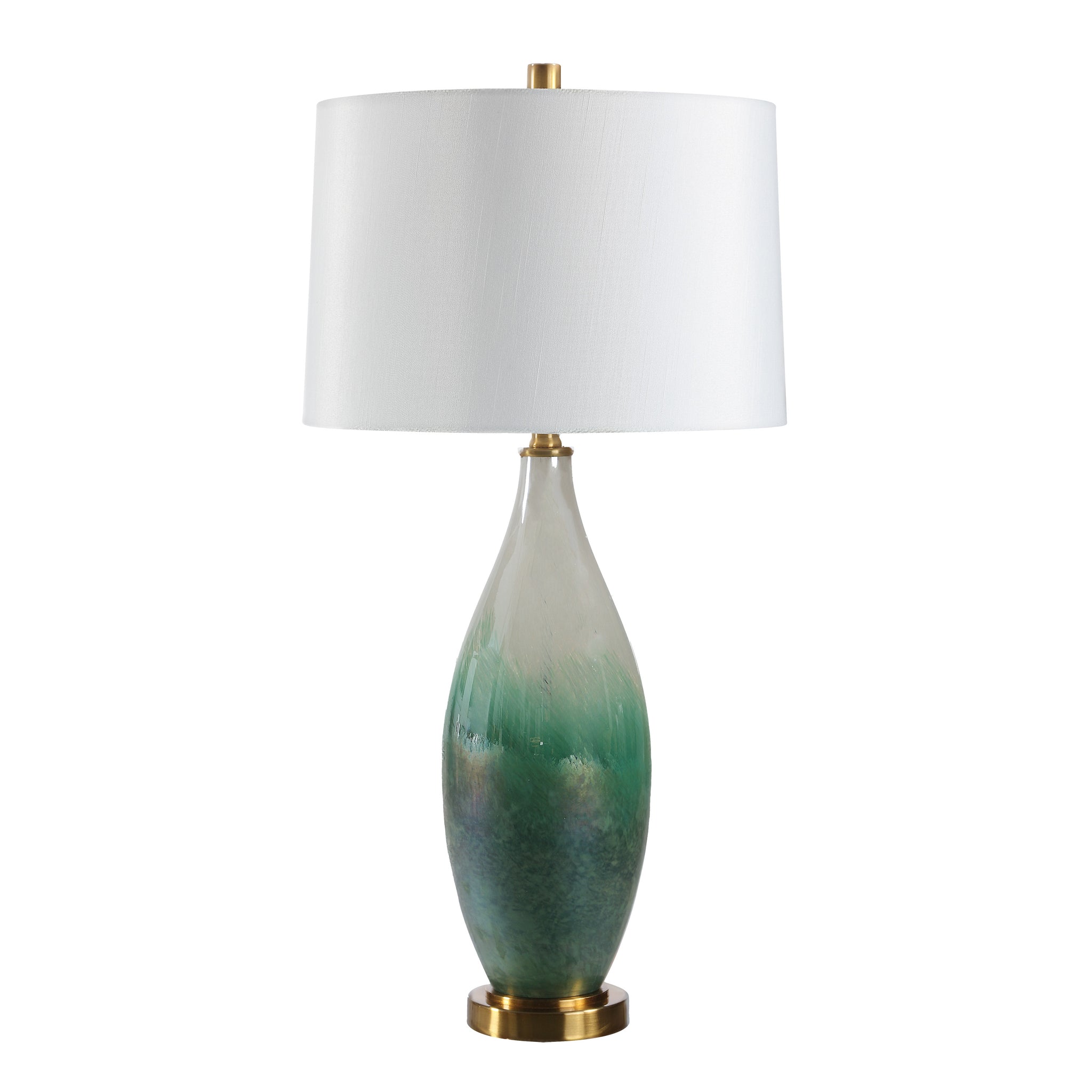 Wave table lamp by Renwil with a green and white gradient glass base and white fabric shade