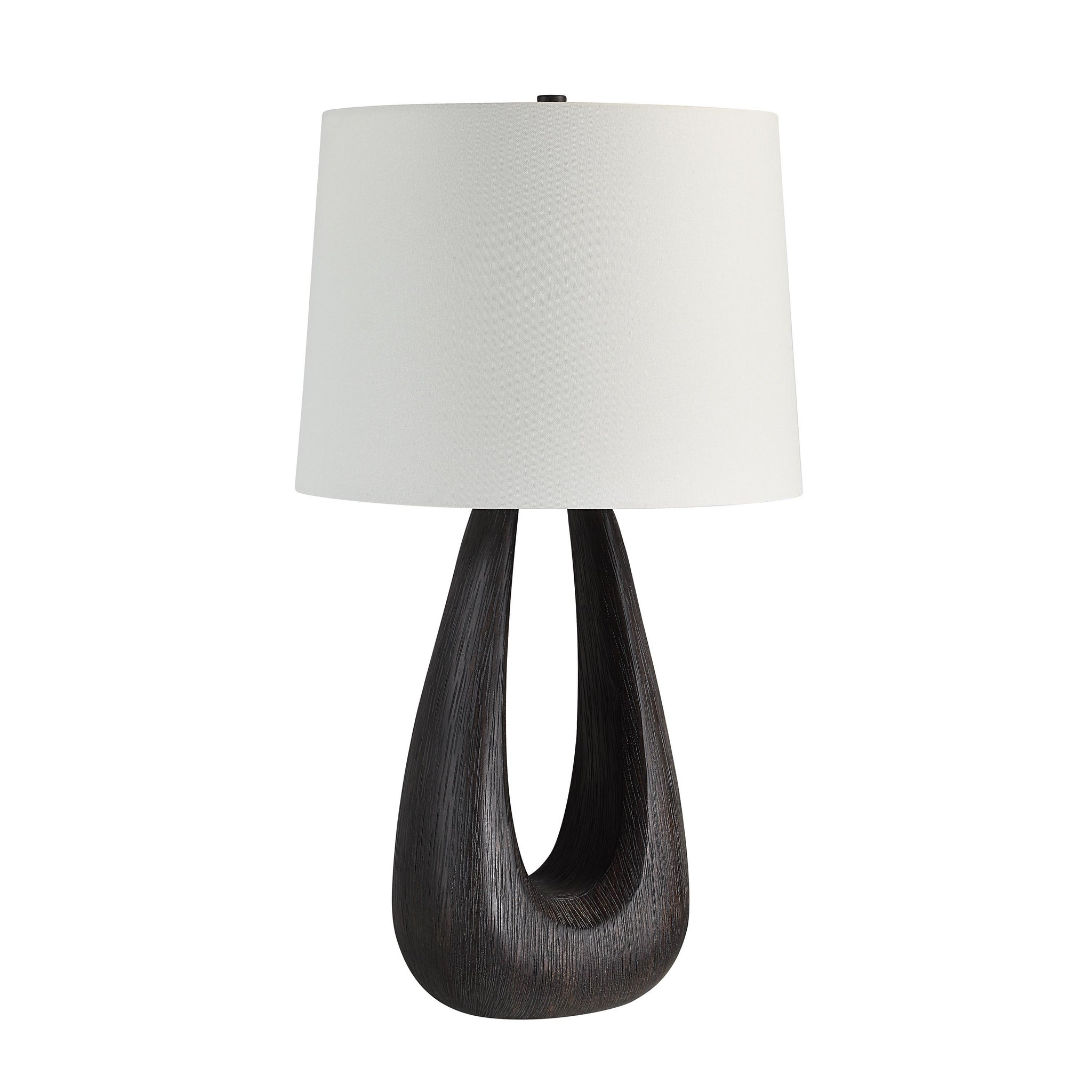 Beckham Table Lamp featuring a white shade and a sleek dark wood base from a different angle