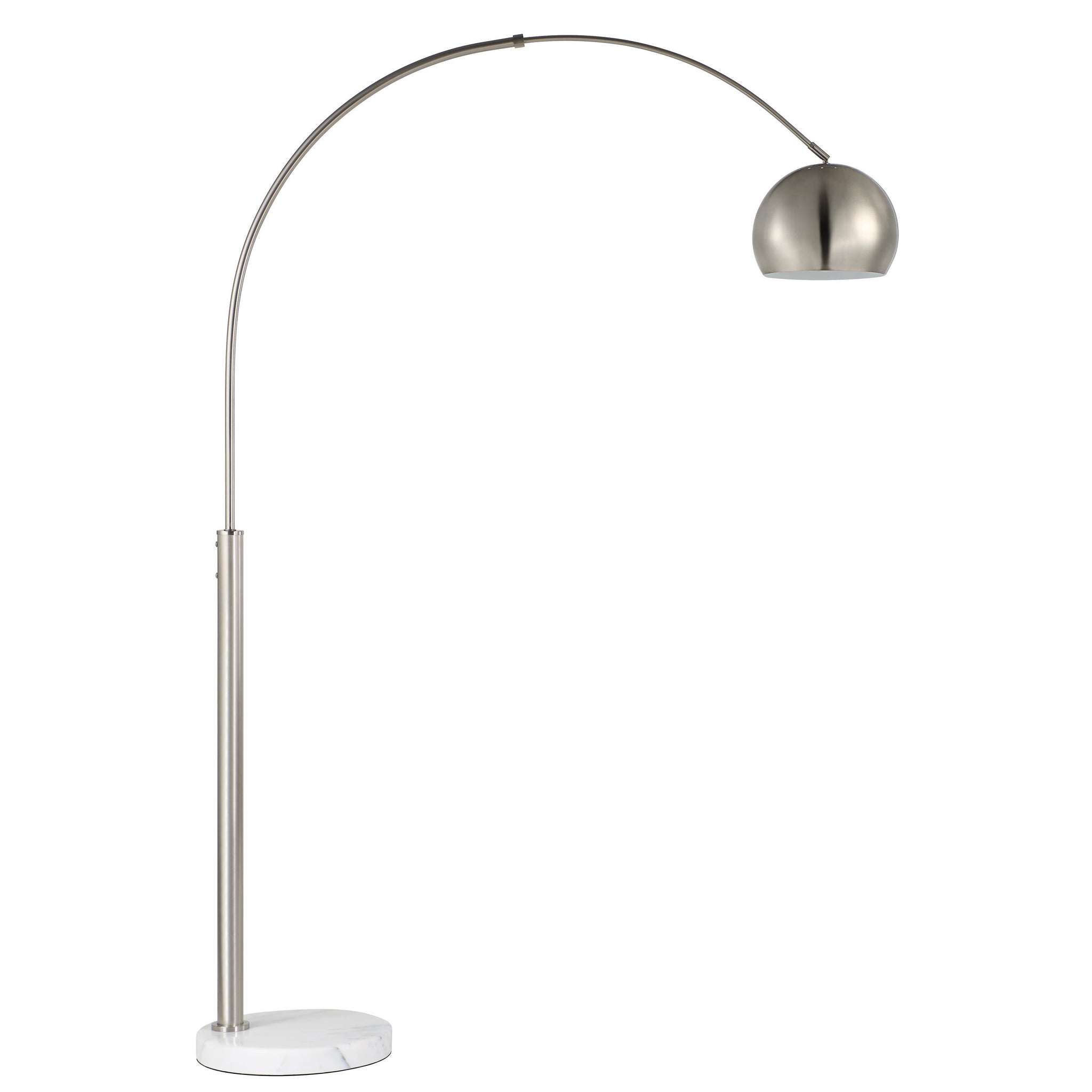 Aglow floor lamp featuring a polished metal shade and a sturdy marble base.