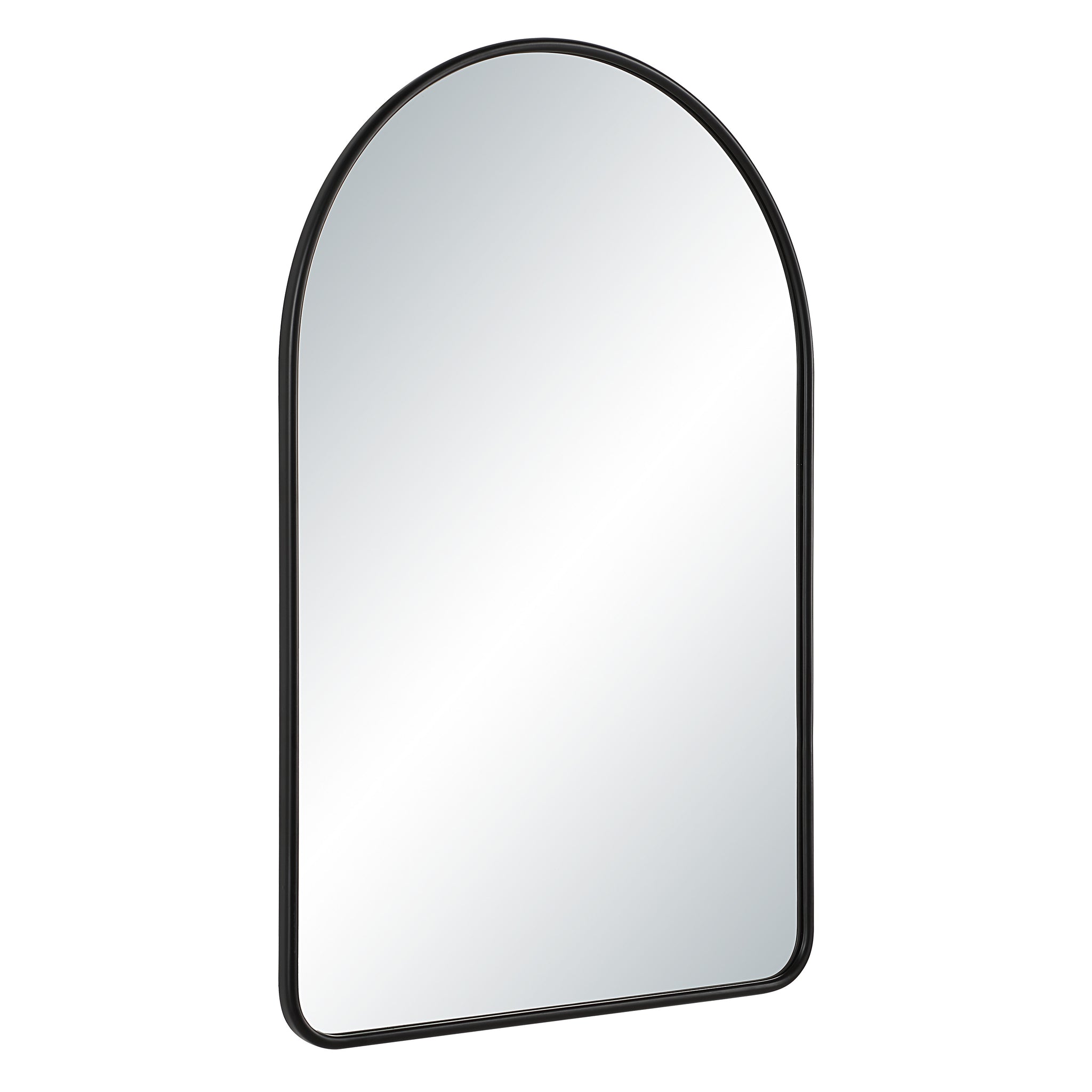 Cascais mirror featuring a black frame, arched design, viewed from a slight angle.