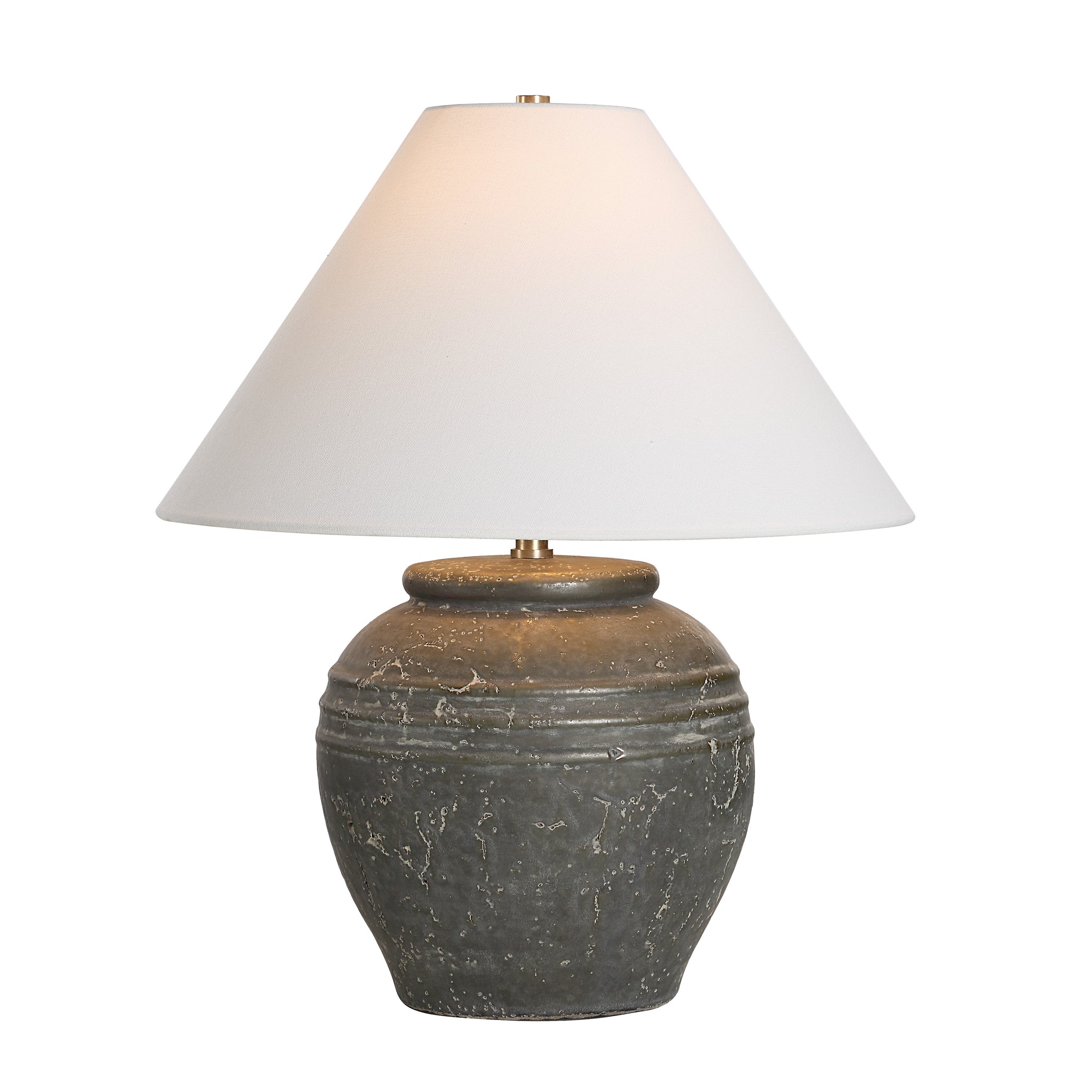 Lino Table Lamp with illuminated white shade, showcasing gray ceramic base and elegant design.