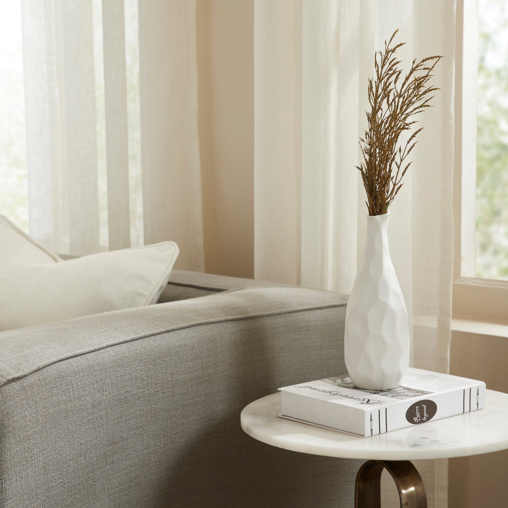 Blouin Vase by Renwil, styled on a marble table with dried flowers, soft interior setting