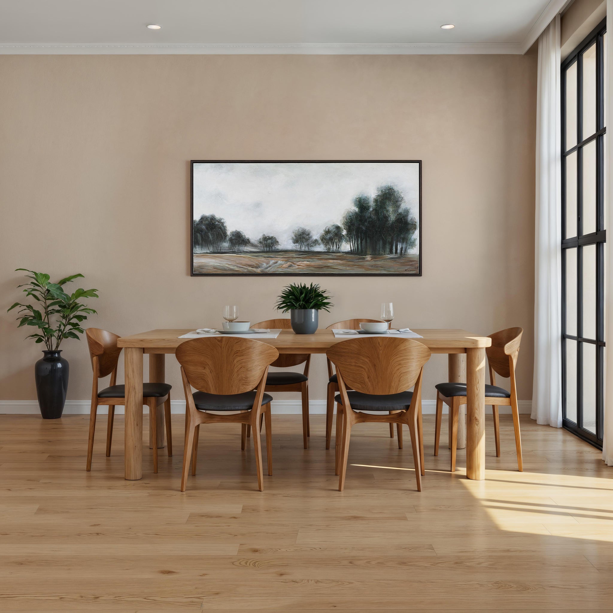 Westside canvas art displayed in a dining room setting above a wooden table.