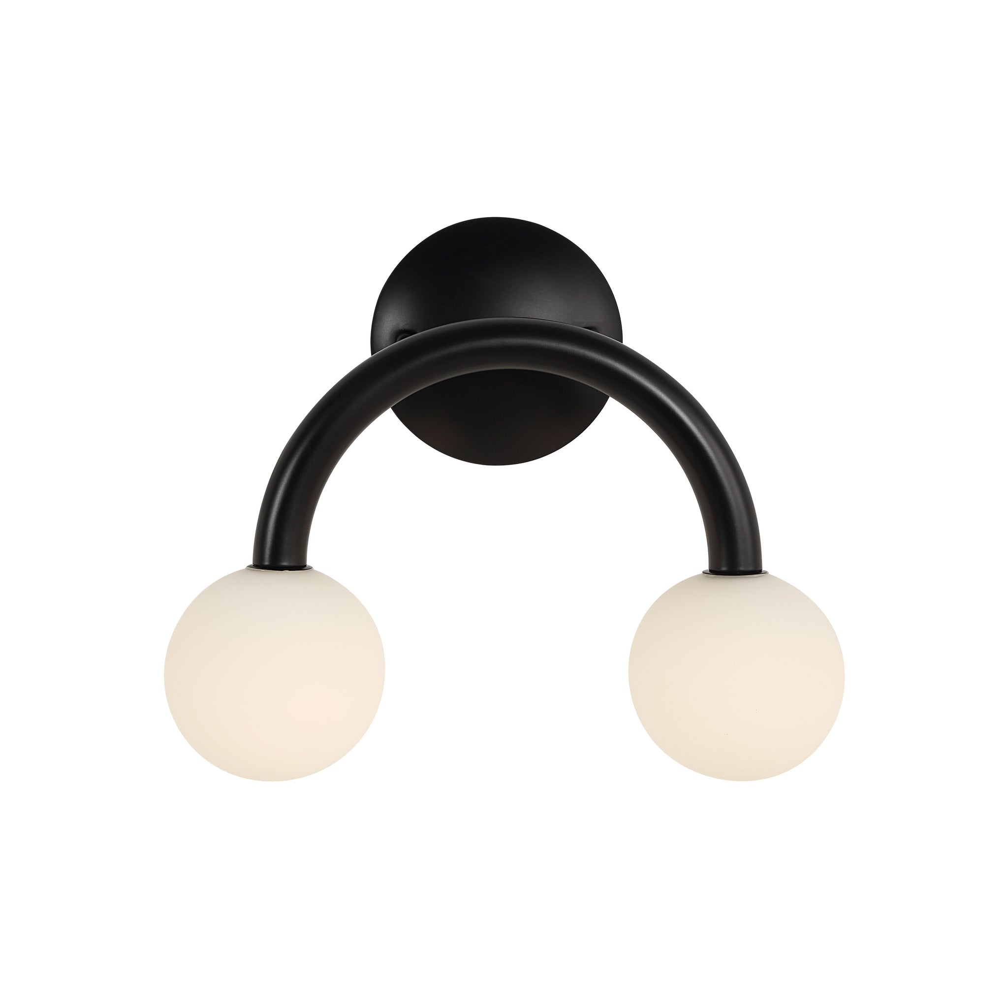 Santo wall sconce featuring a black curved metal arm with two white globe shades, mounted on a round black backplate.