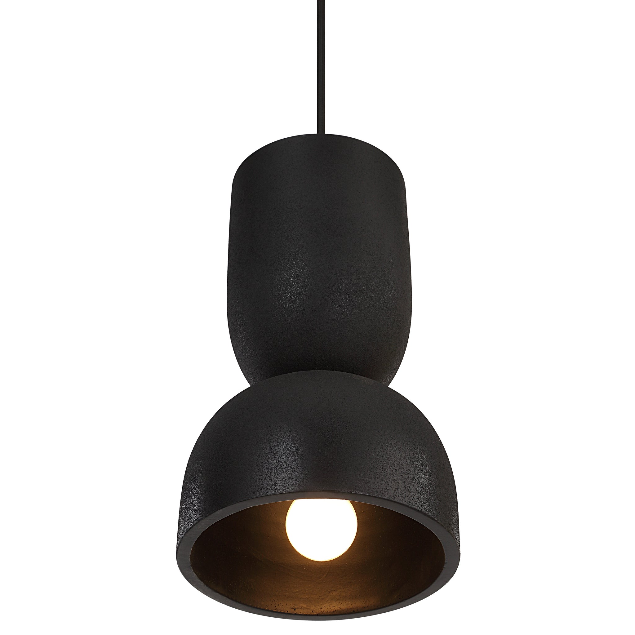 Caen chandelier in black showcasing the inner light bulb with a sleek design.