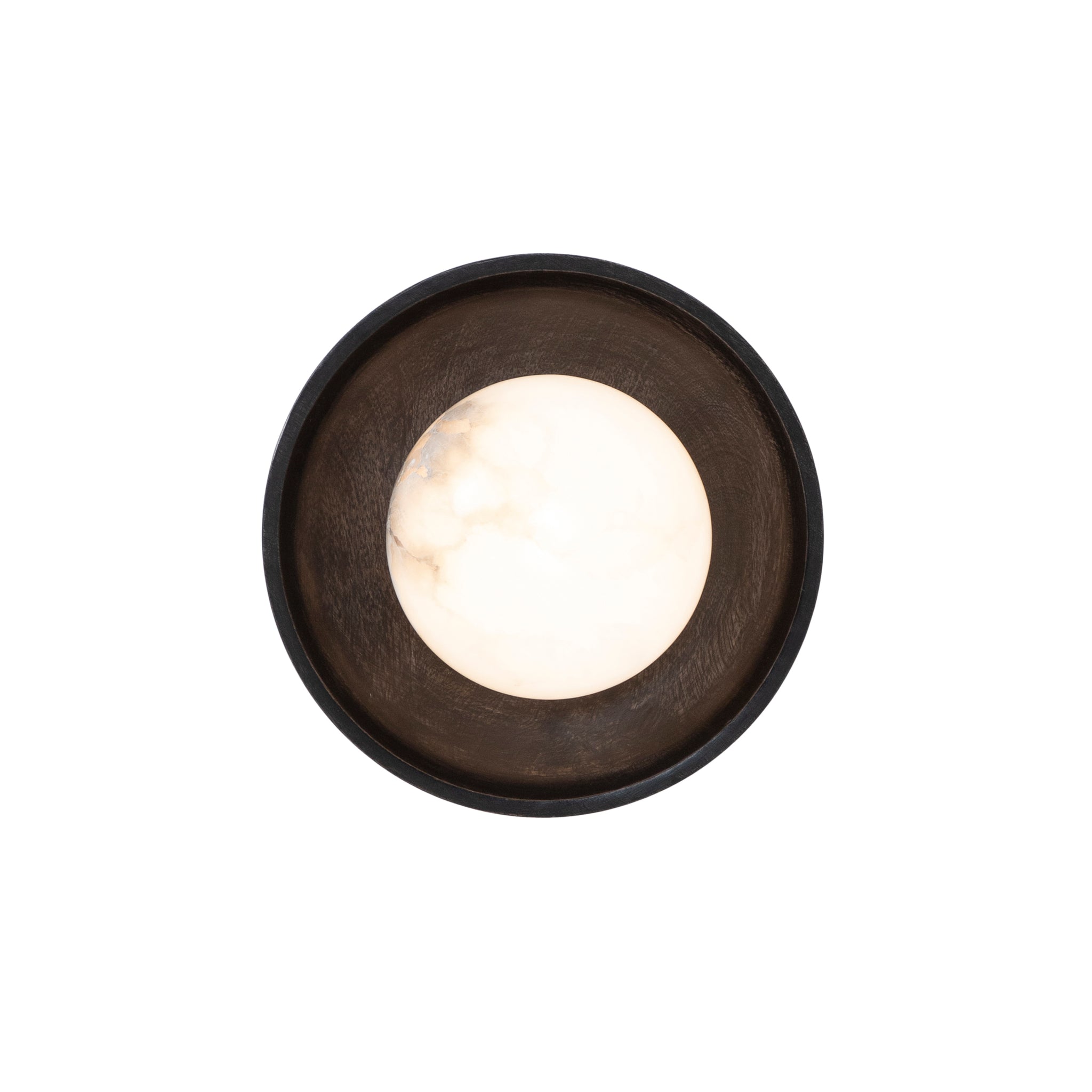 Haloa wall sconce viewed from above, showing a round black frame and a soft white alabaster globe.