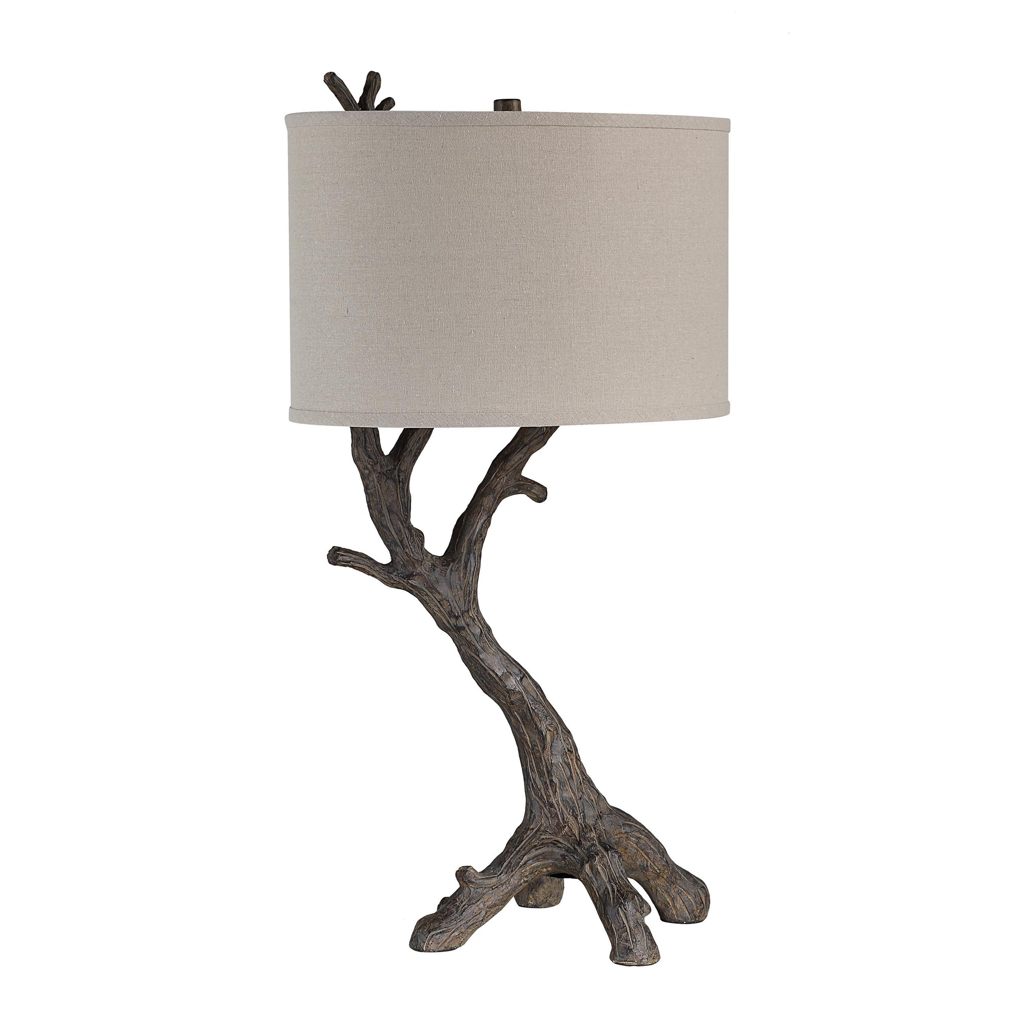 Loures table lamp featuring a textured branch base and a cylindrical beige shade.