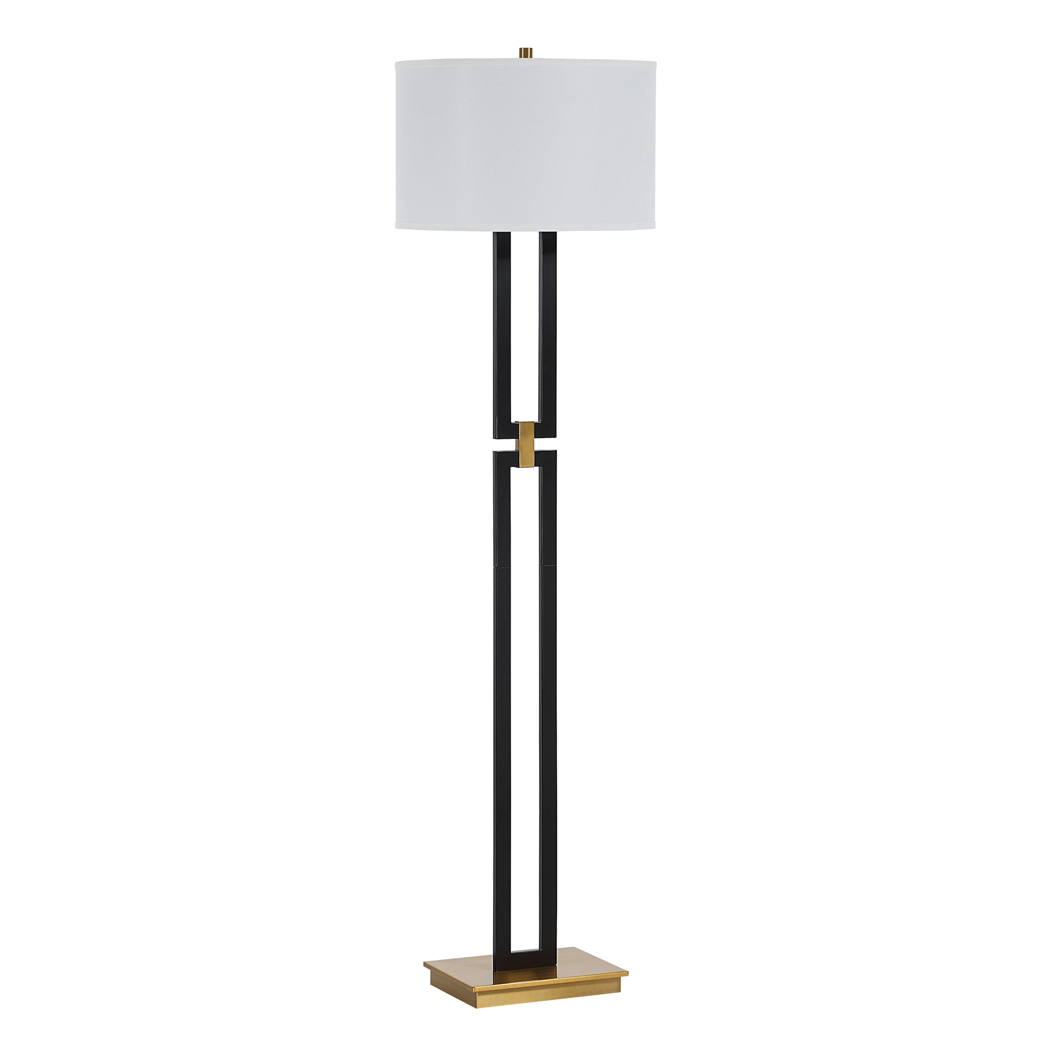 Theo Floor Lamp featuring a white shade, black frame, and gold detailing.