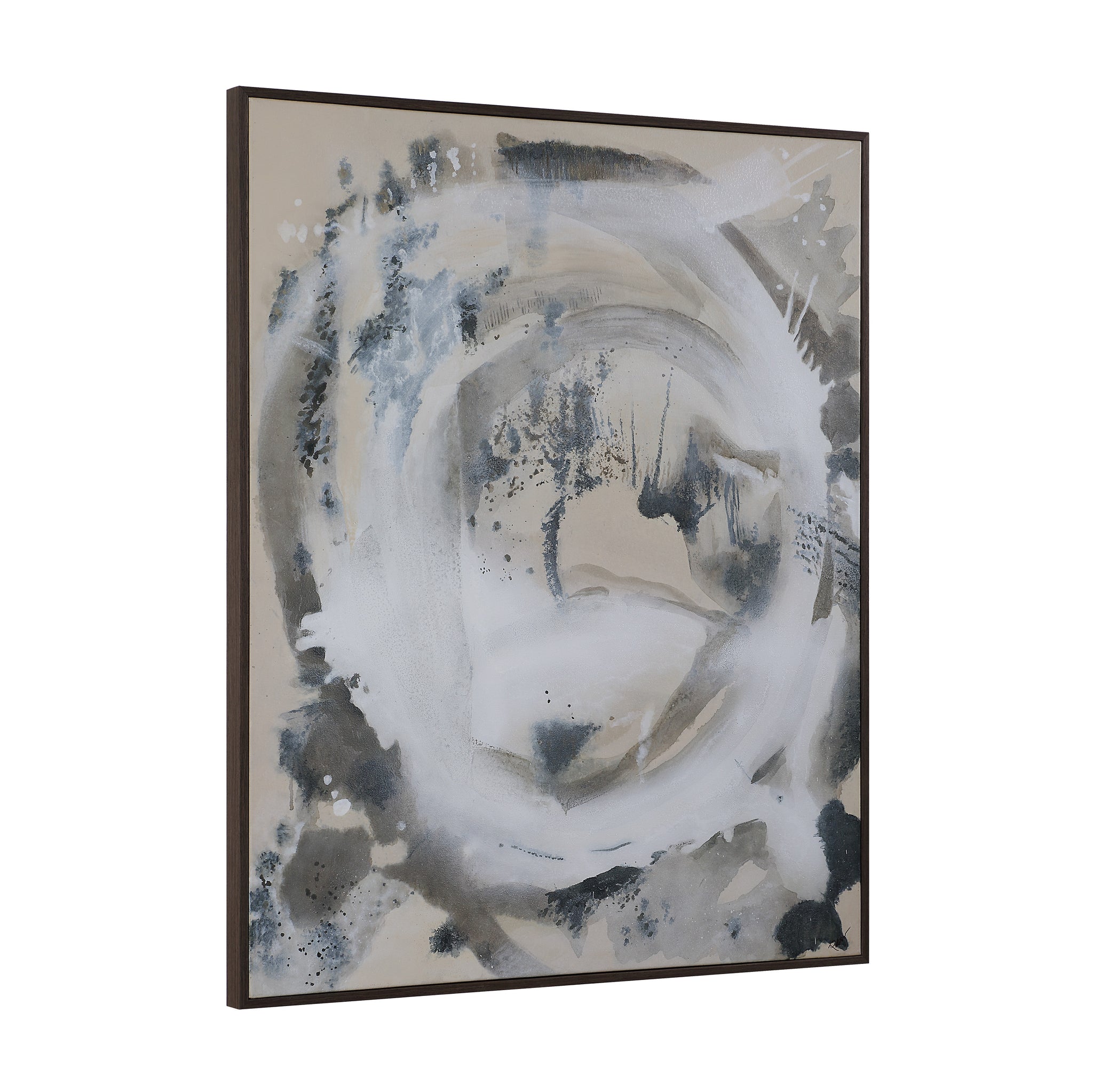 Ceiba canvas art viewed from the side, showcasing abstract gray and white swirl design