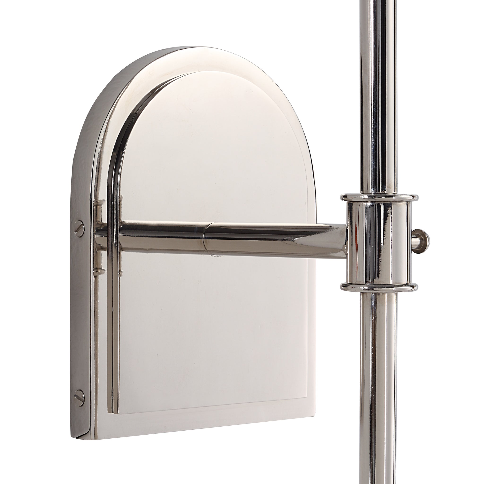 Close-up of Nowra wall sconce showcasing the shiny silver backplate and arm.