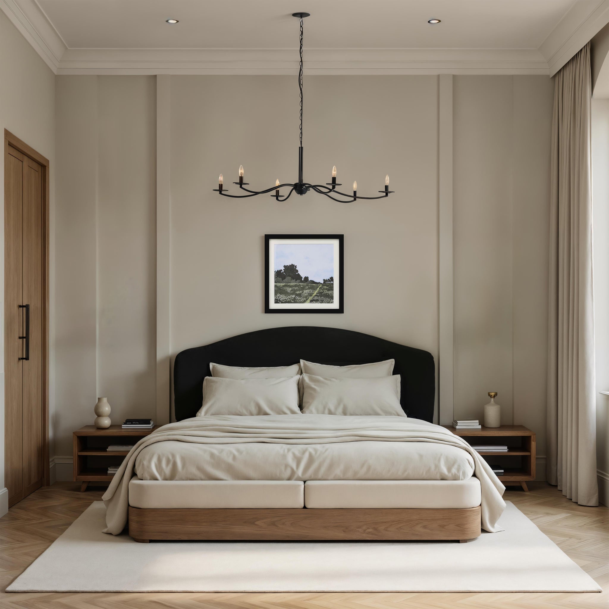 Olmo Canvas Art displayed in a modern bedroom with a black bed and wooden furniture.