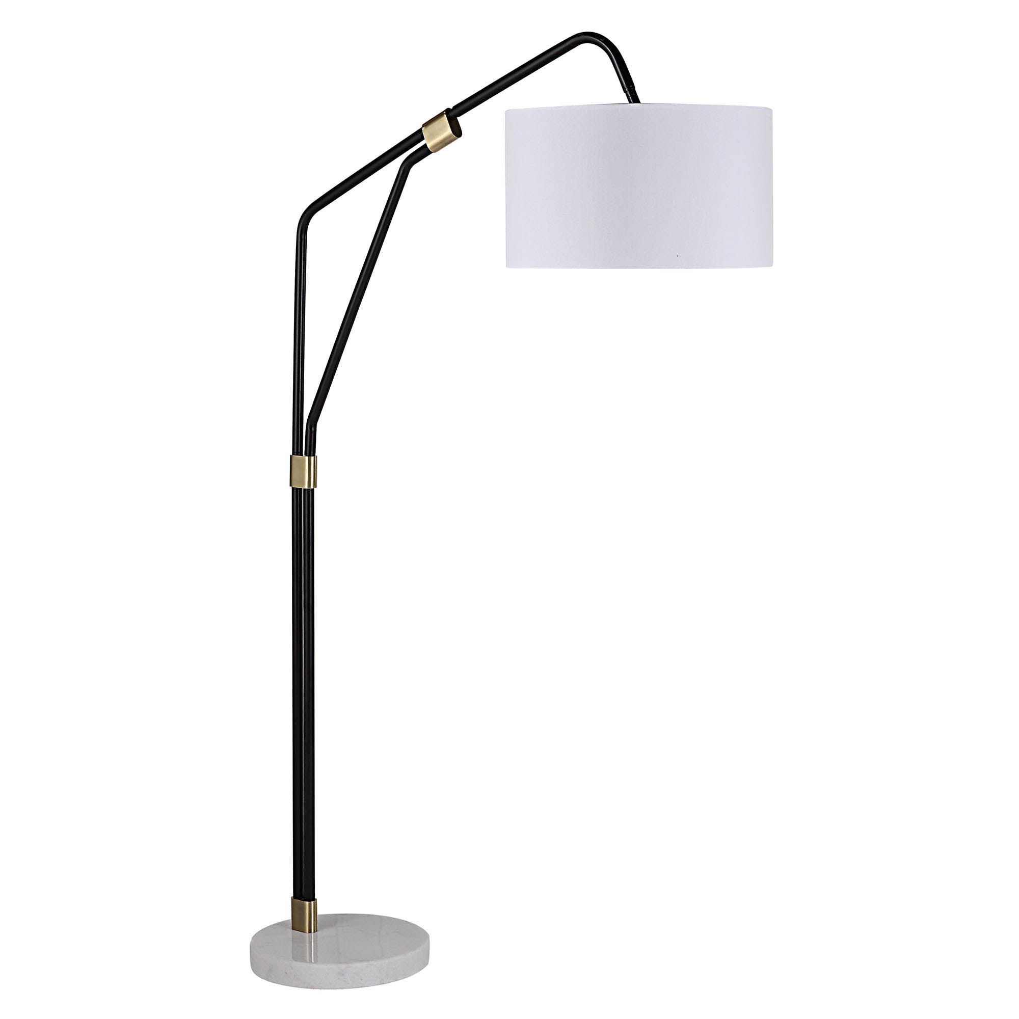 Wroxton Floor Lamp showcasing a black metal structure and white shade, with a round marble base.