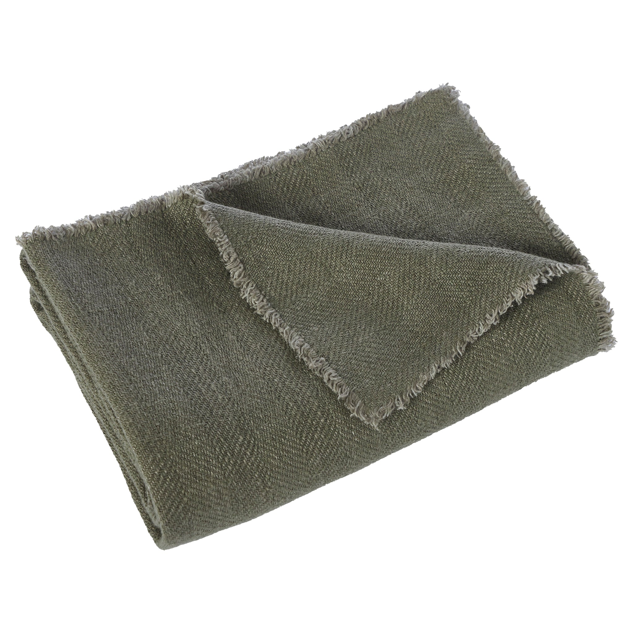 Pisces indoor pillow in olive green, folded with frayed edges, showcasing a textured fabric.