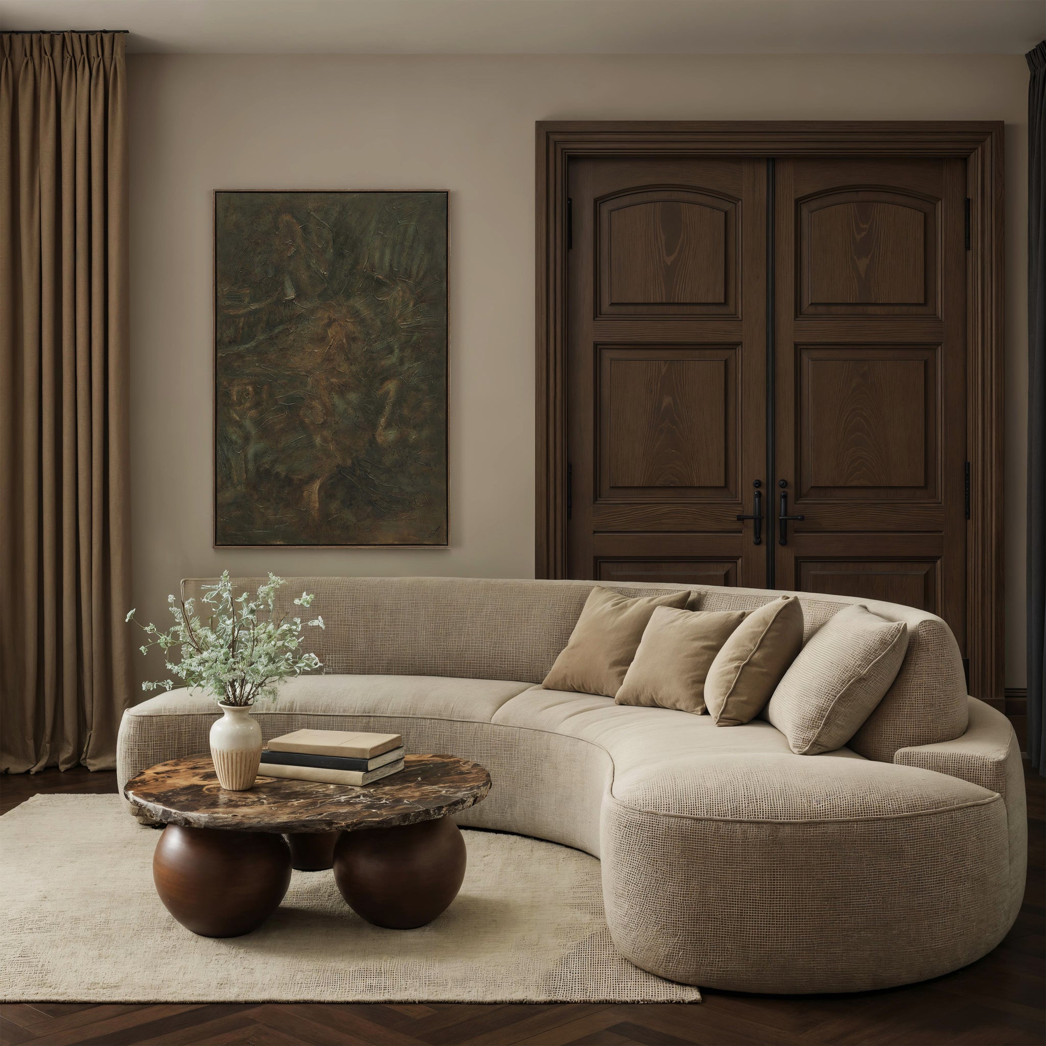 Beatrix canvas art featuring abstract dark green tones, framed, displayed in a modern living room.