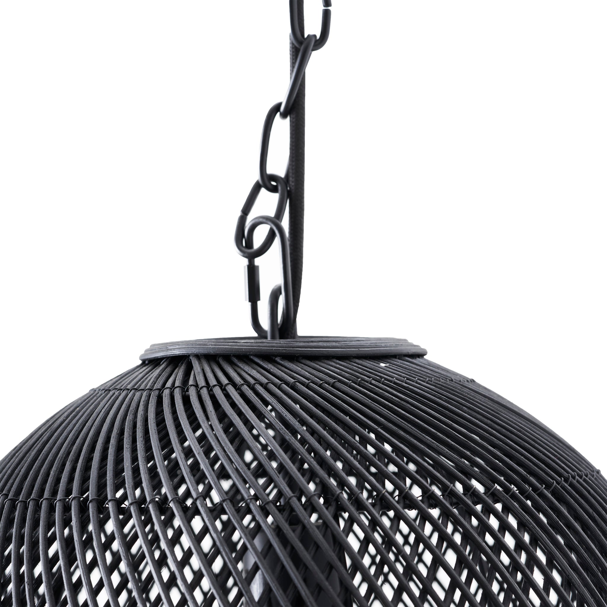 Romika ceiling light fixture in black, close-up of the top with chain attachment.