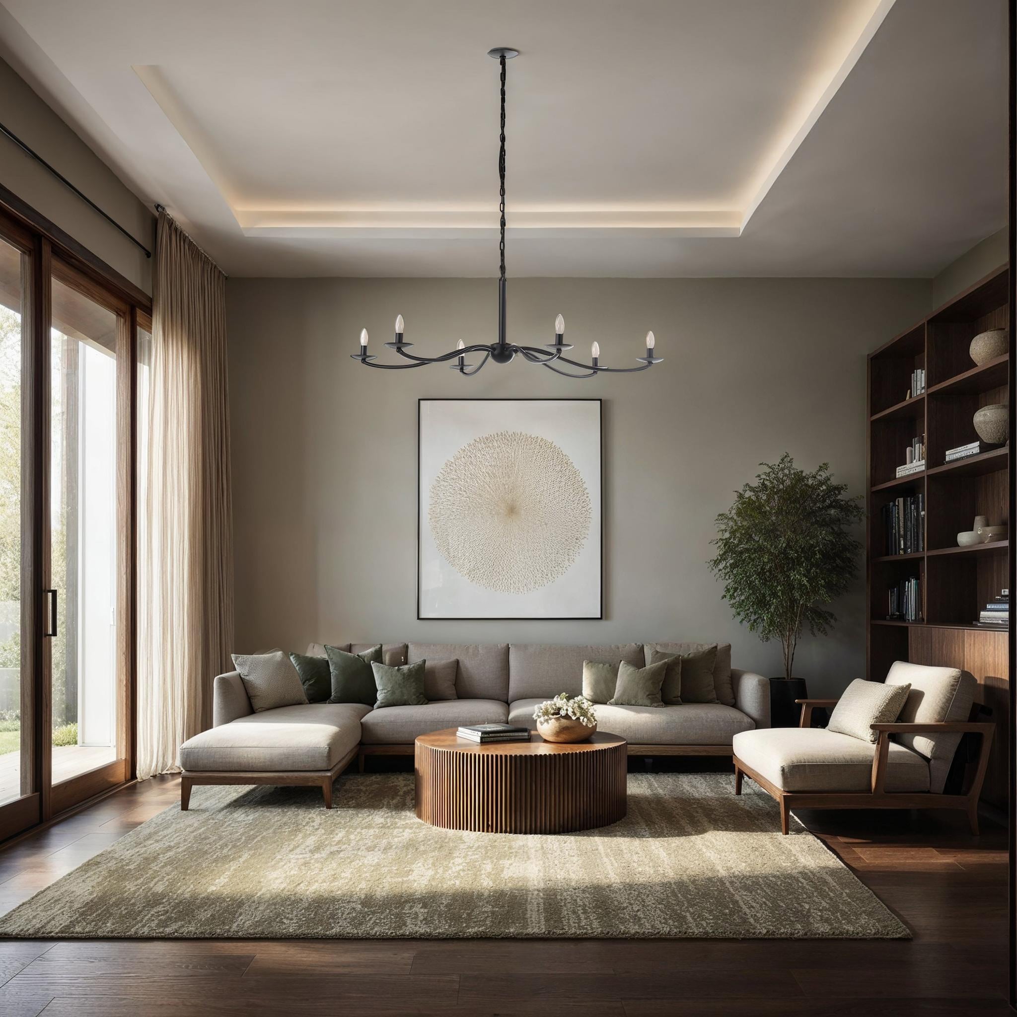 Landen chandelier by Renwil in a modern living room, illuminating a cozy seating area.