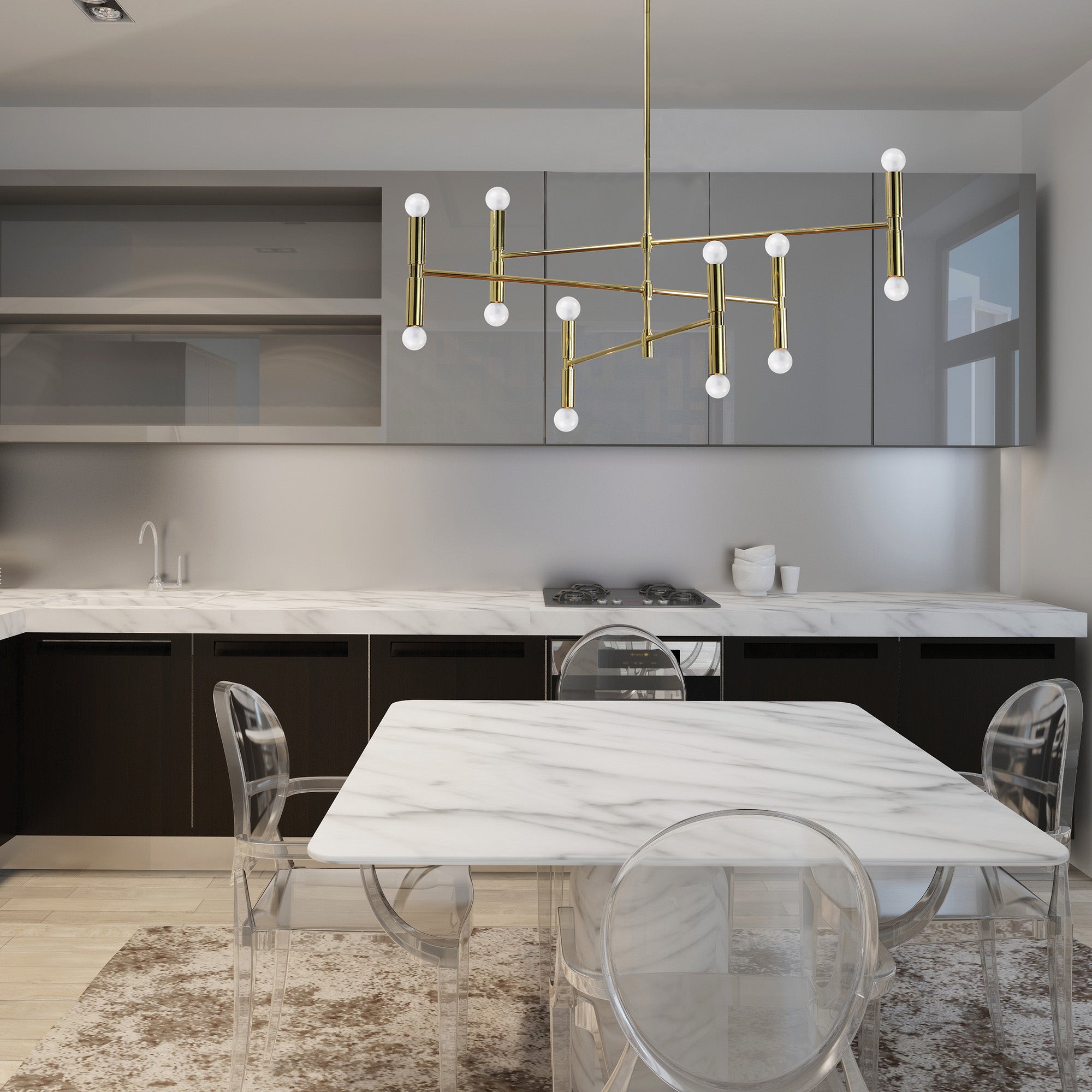 Axis Ceiling Fixture by Renwil installed in a modern kitchen with marble table
