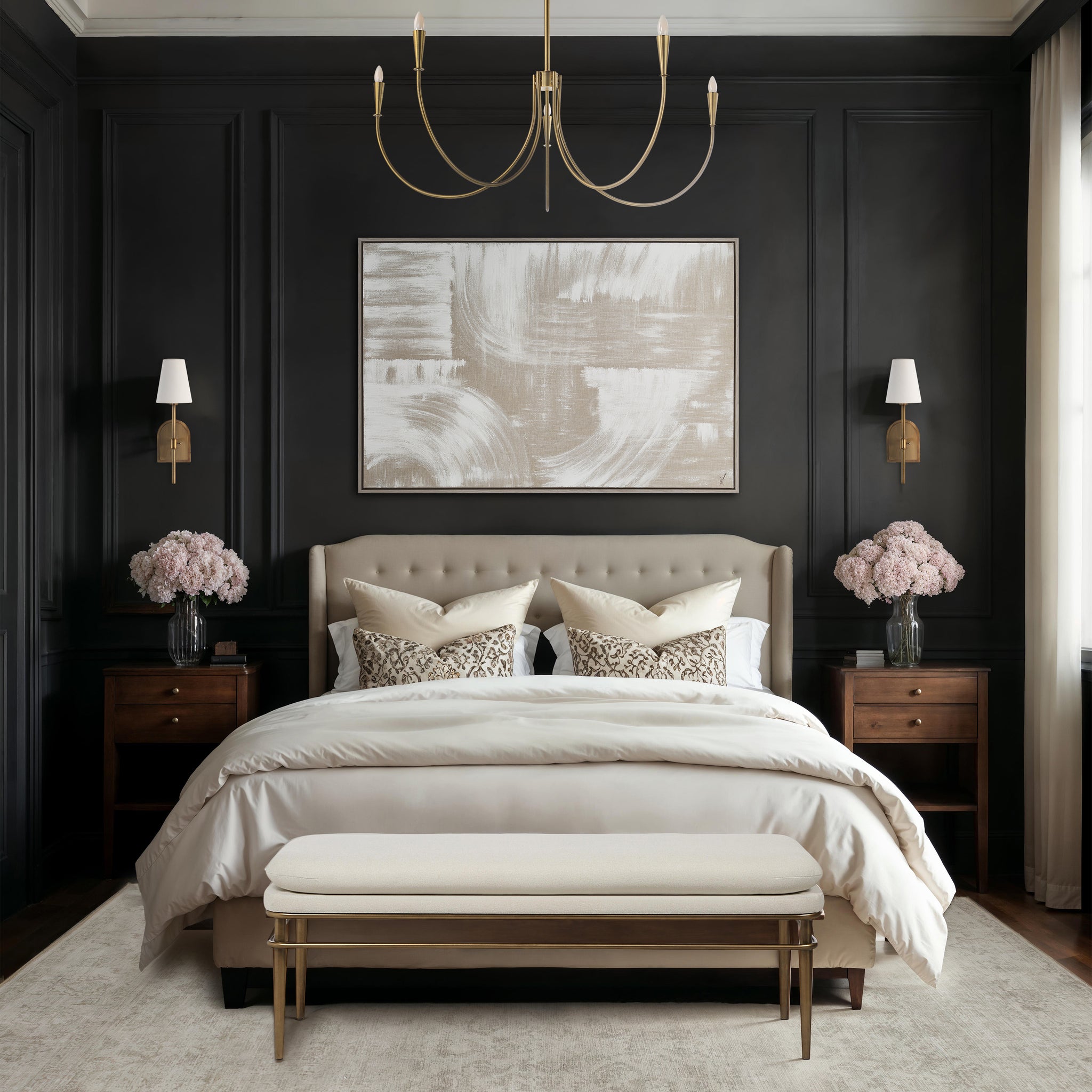 Quatro canvas art featuring abstract beige and white design above a bed in a dark room
