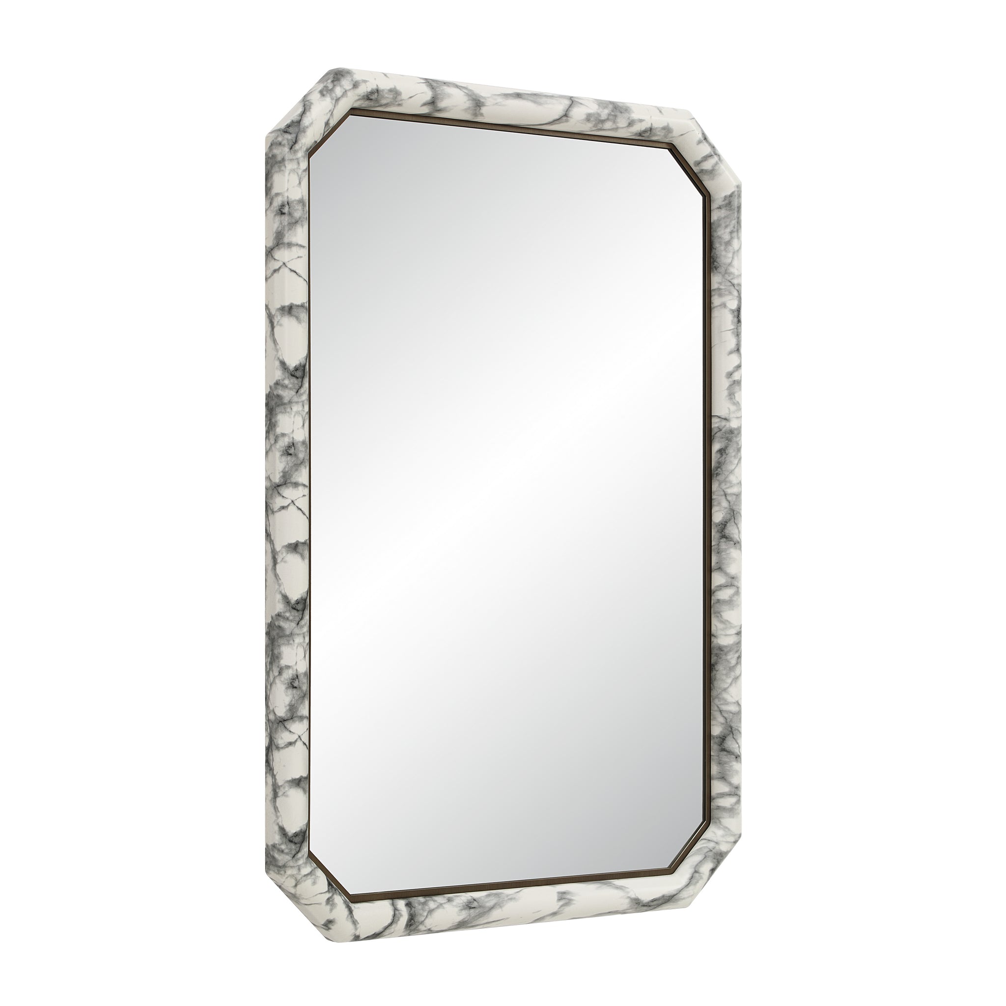 Venus mirror featuring a marble-patterned frame in white and gray, viewed at an angle