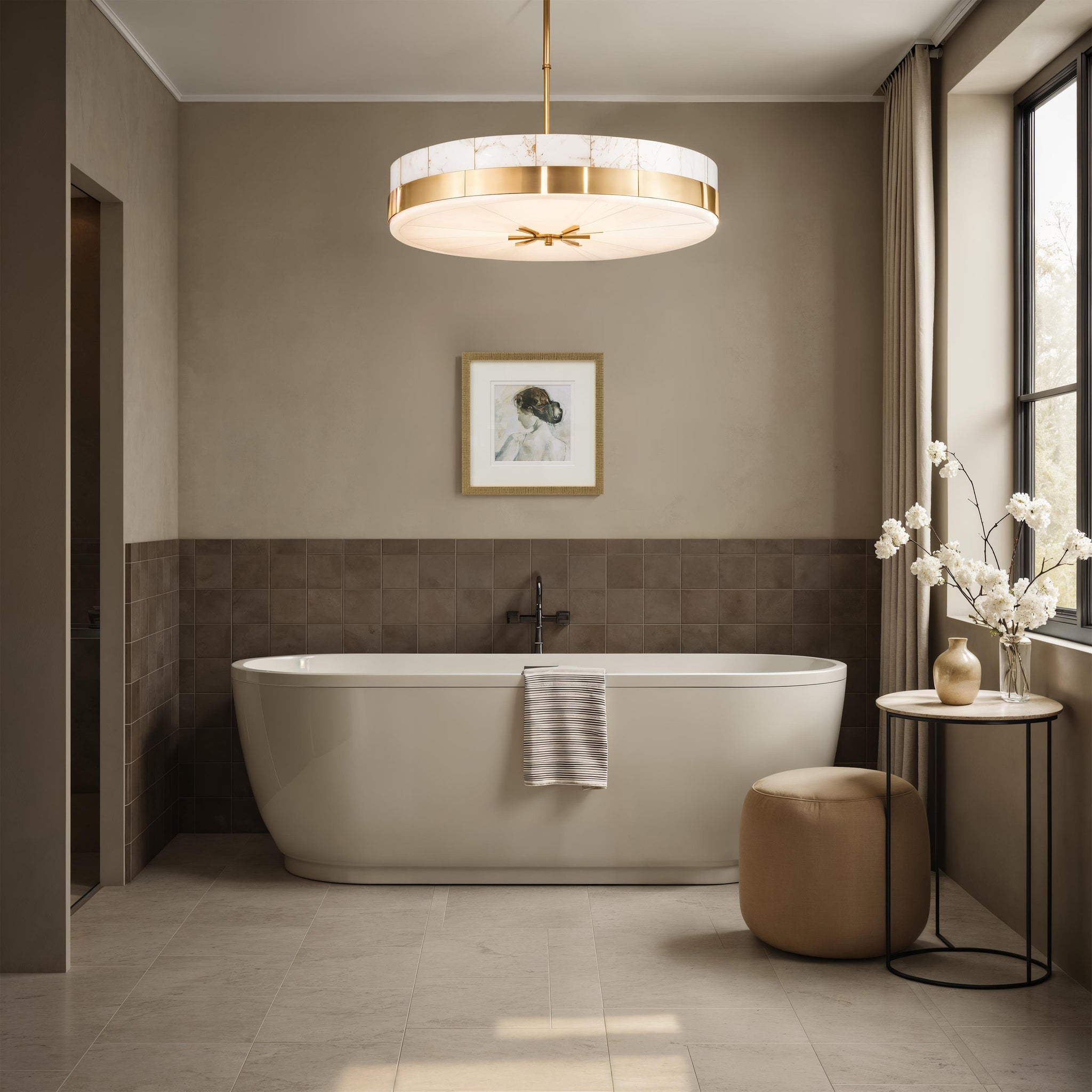 Stylish bathroom featuring Penelope printed art above a modern bathtub with elegant decor.