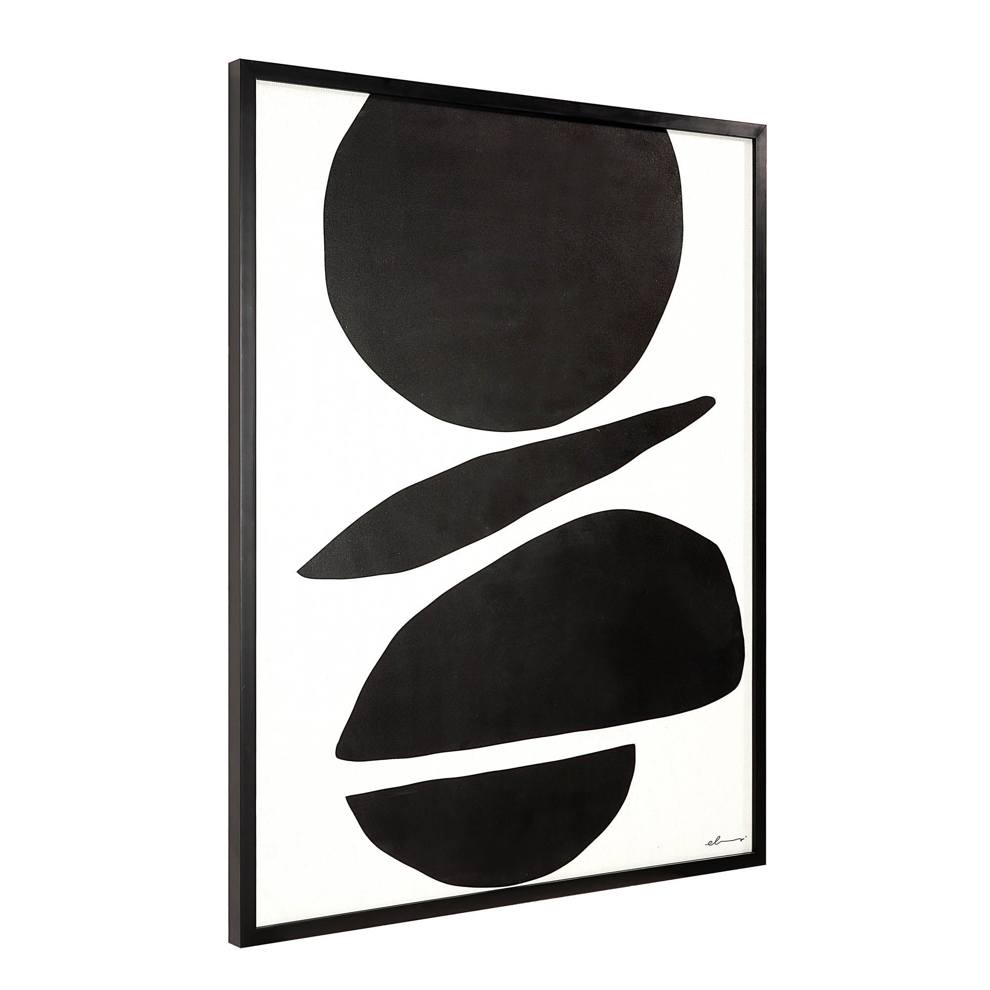 Cercola wall art shown from a side angle, displaying black abstract shapes on white canvas.