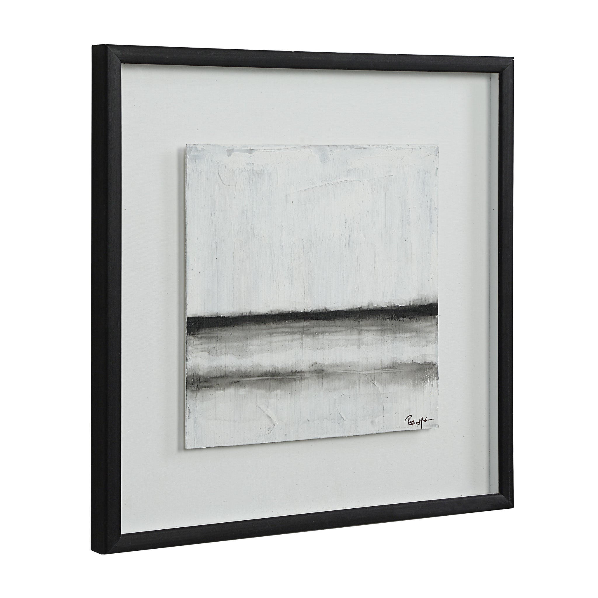 Tangelo wall art displaying a textured black and white abstract design, side view with black frame