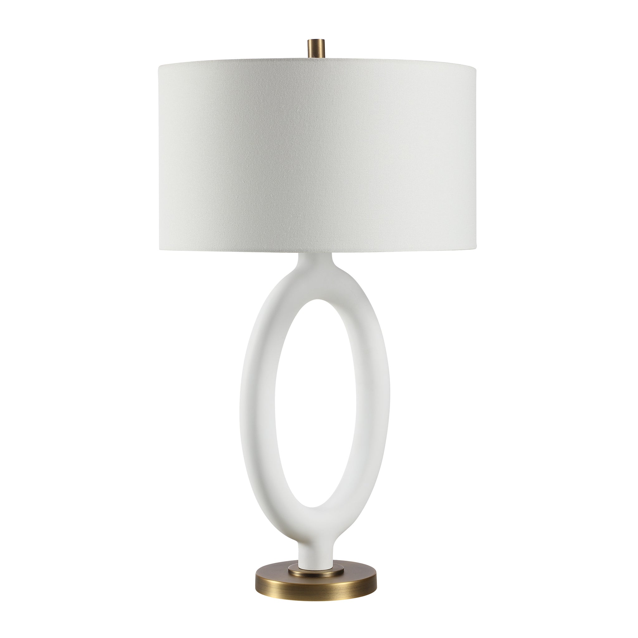 Aeris Table Lamp by Renwil showcasing a white ceramic base with an oval design and a textured white shade.
