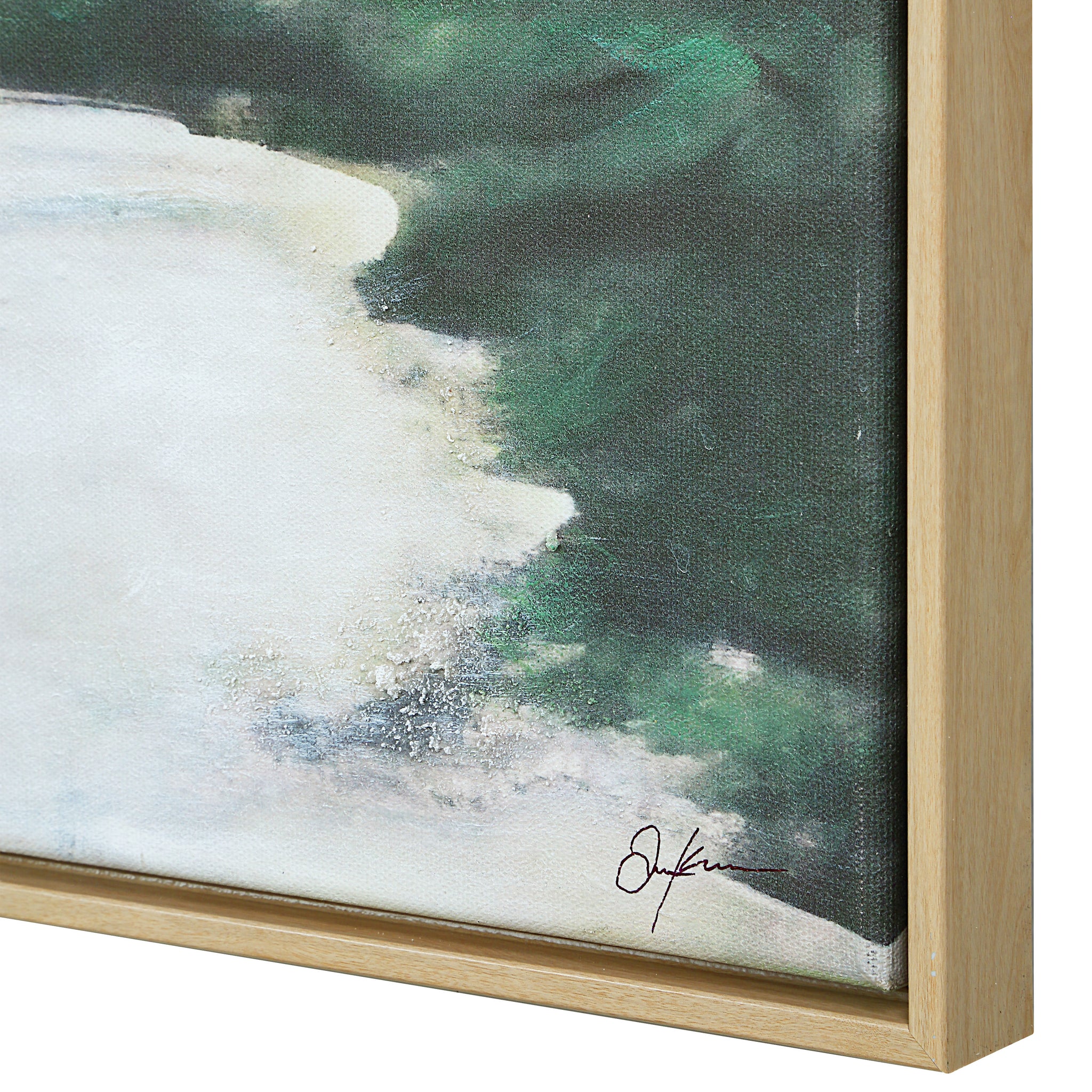 Nature canvas art featuring a close-up of a river with green hues and a light wooden frame.