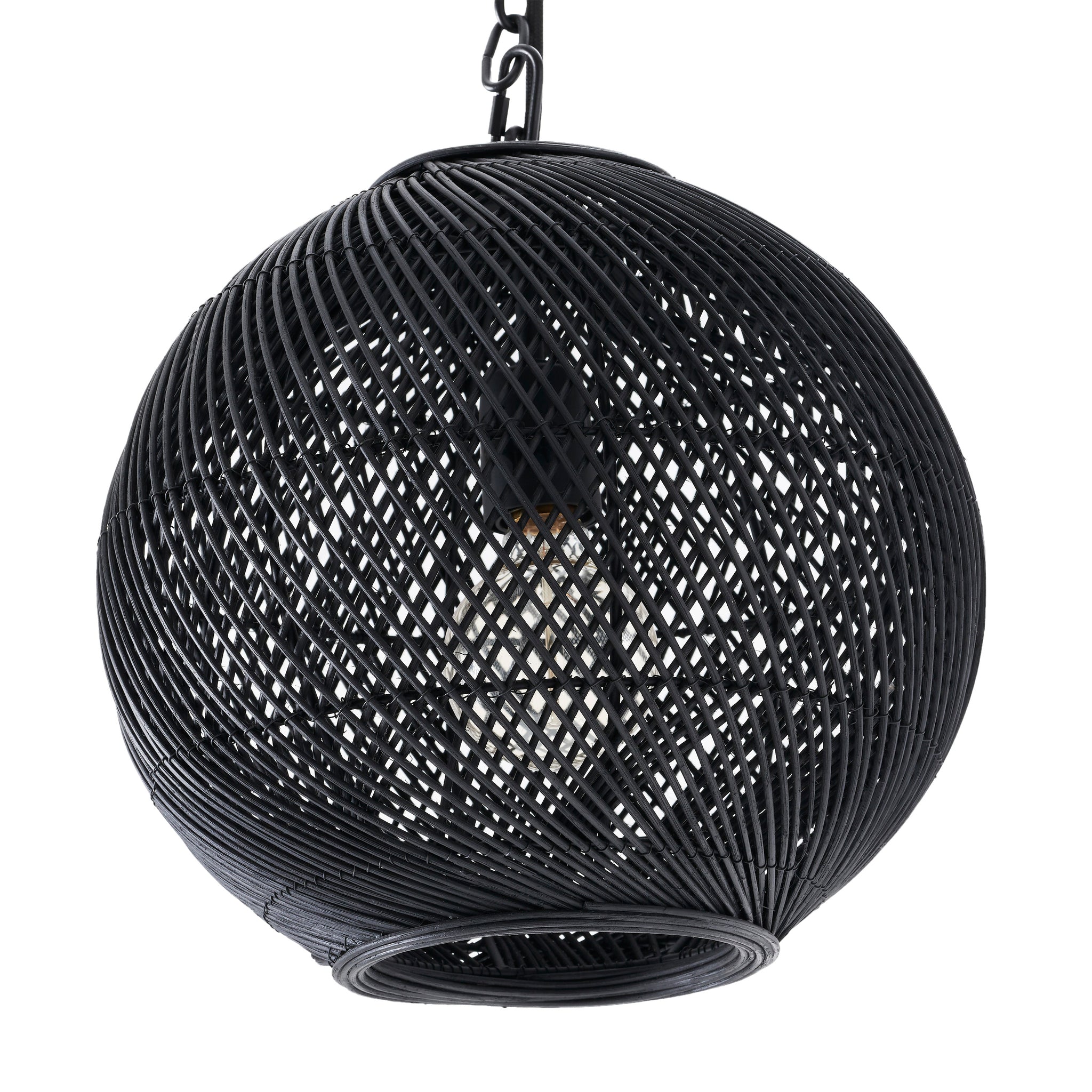 Romika black ceiling light fixture, spherical woven design showcasing the light bulb.