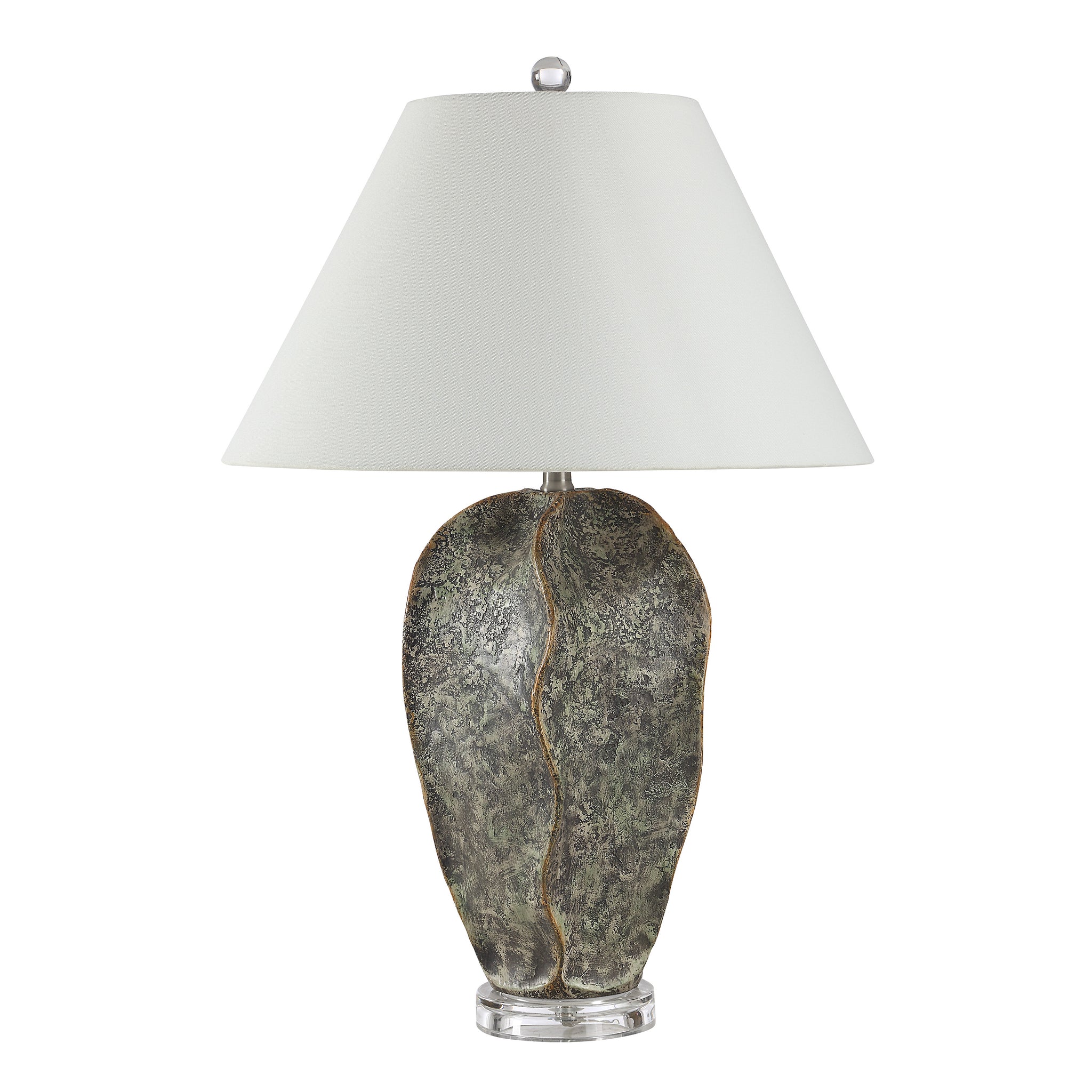 Poppi table lamp with a textured green ceramic base and white fabric shade