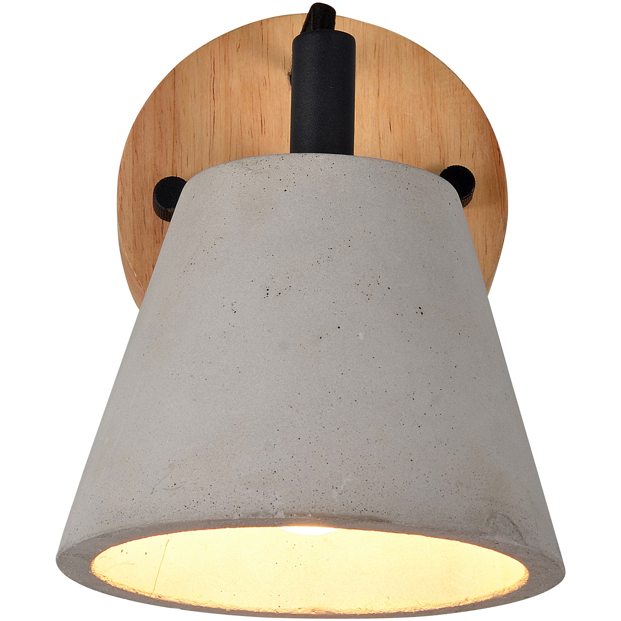 Turtle Bay Wall Sconce displaying a gray concrete shade with light shining through, mounted on a wood backplate.