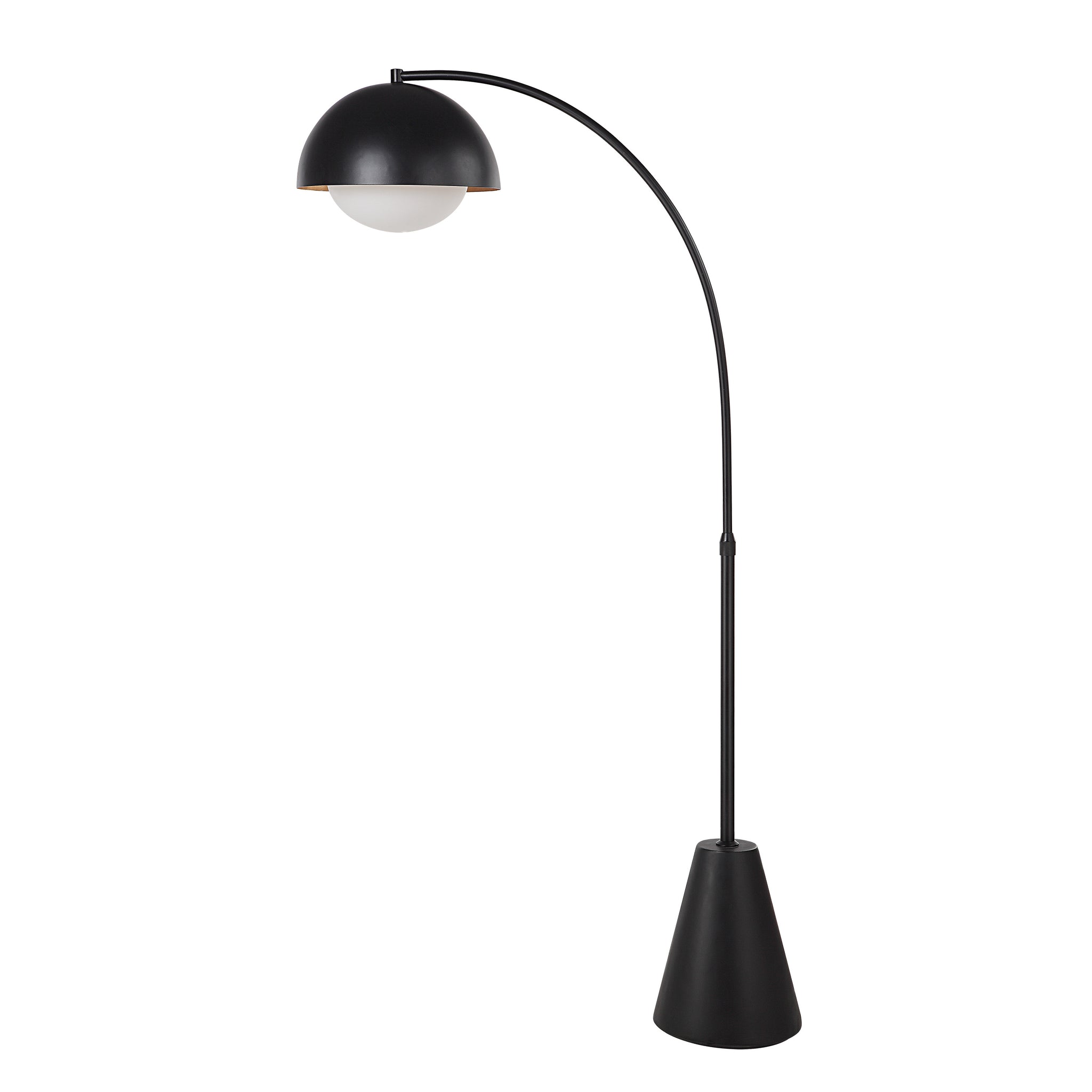 Cooke Floor Lamp featuring a black dome shade and white globe, elegantly arched over a conical base.