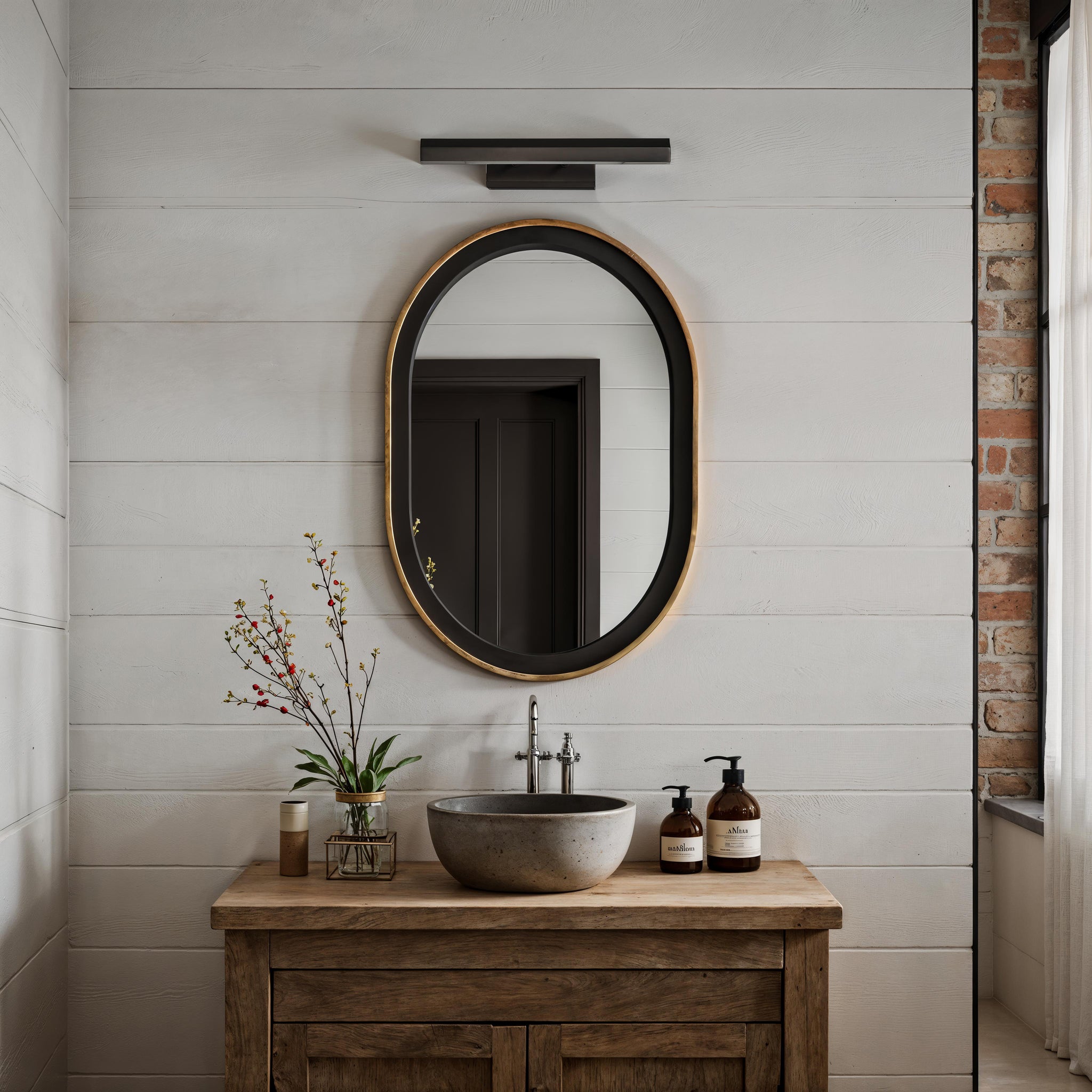 Nea wall sconce by Renwil above a modern bathroom sink with a round mirror.