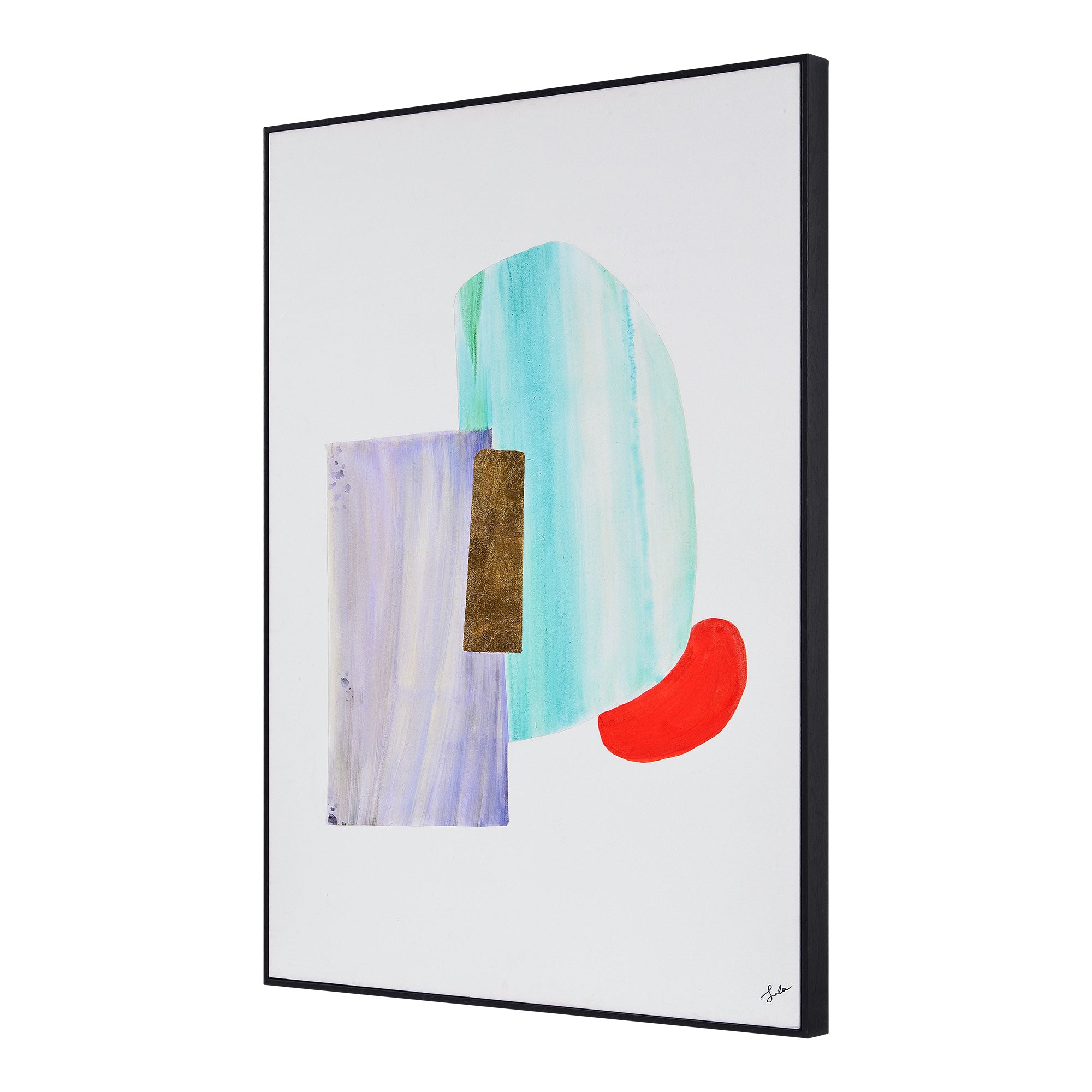 Esmerelda canvas art viewed from the side, showcasing abstract shapes in vibrant colors.