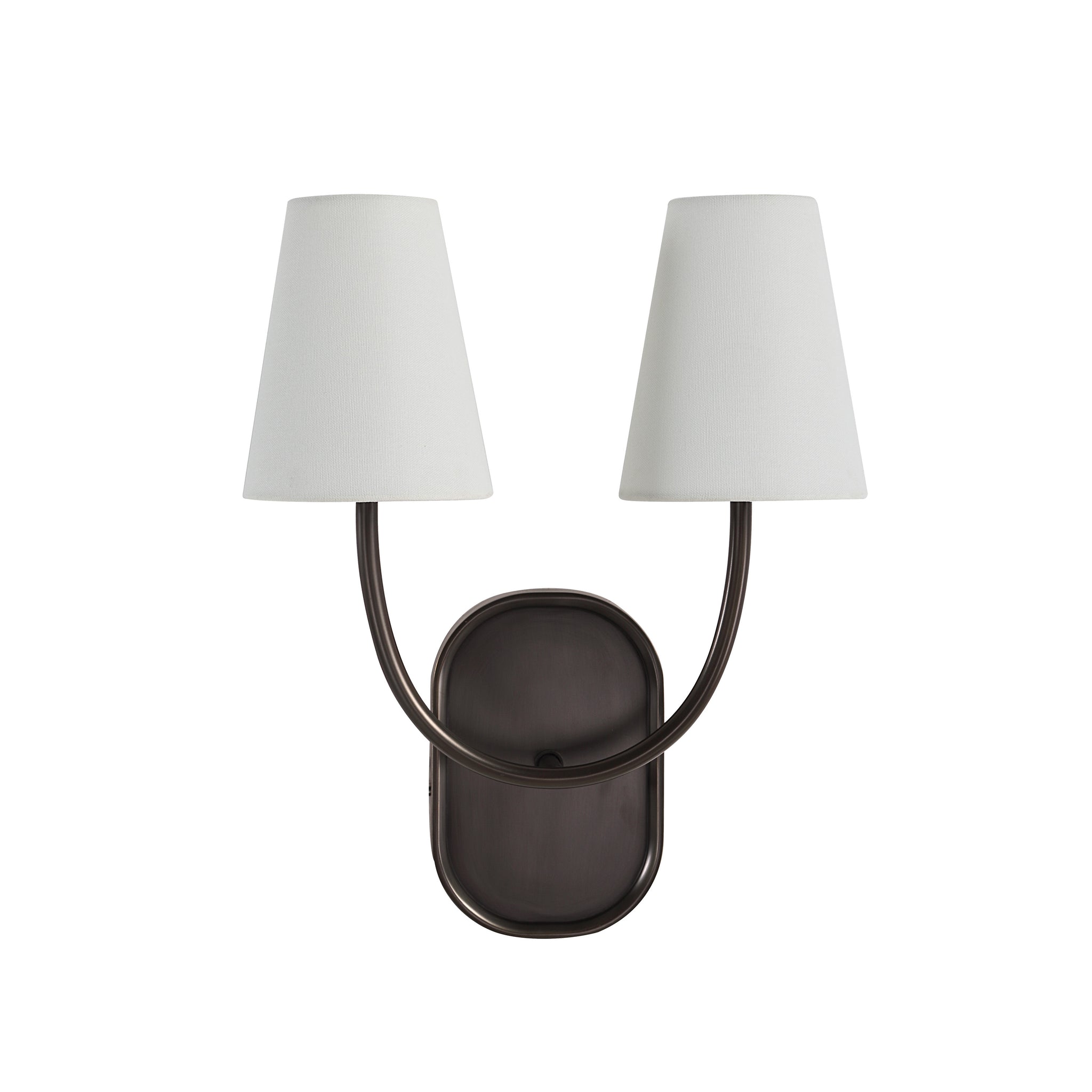 Megara wall sconce with two white fabric shades and a dark bronze base