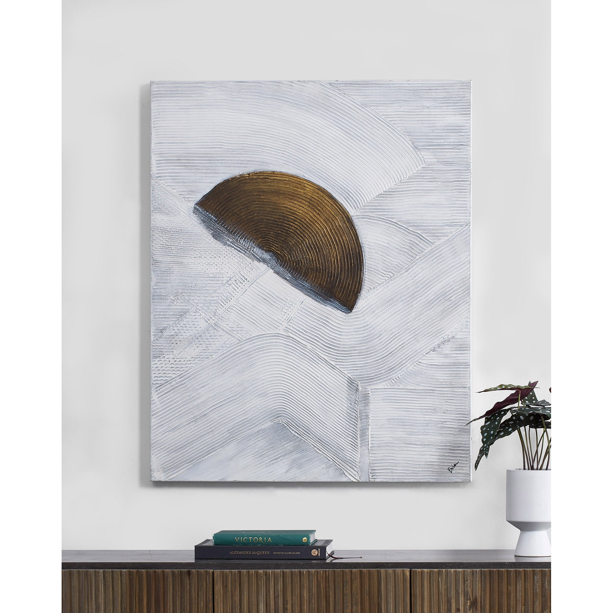 Skylab canvas art displayed on a wall above a wooden table with books and a plant.