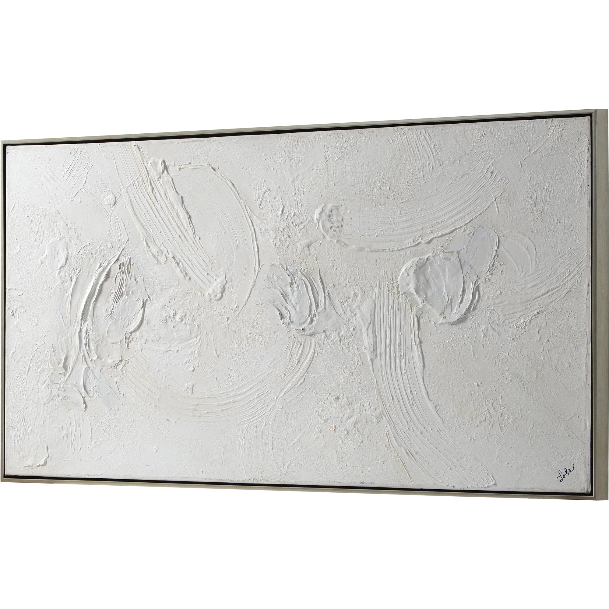 Yanno canvas art showcasing a white abstract texture with layered brush strokes and a sleek frame.