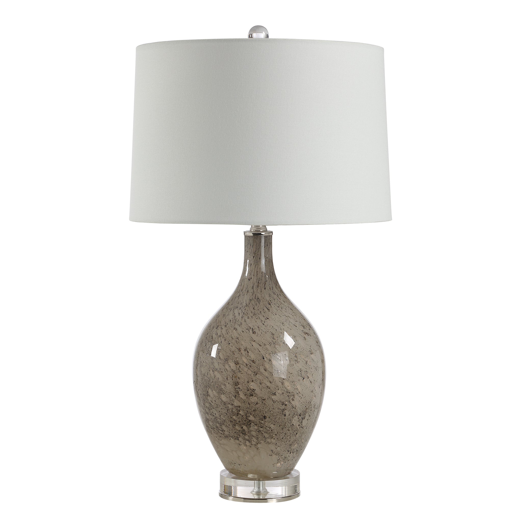 Vienne Table Lamp with a speckled gray glass base and white fabric shade.