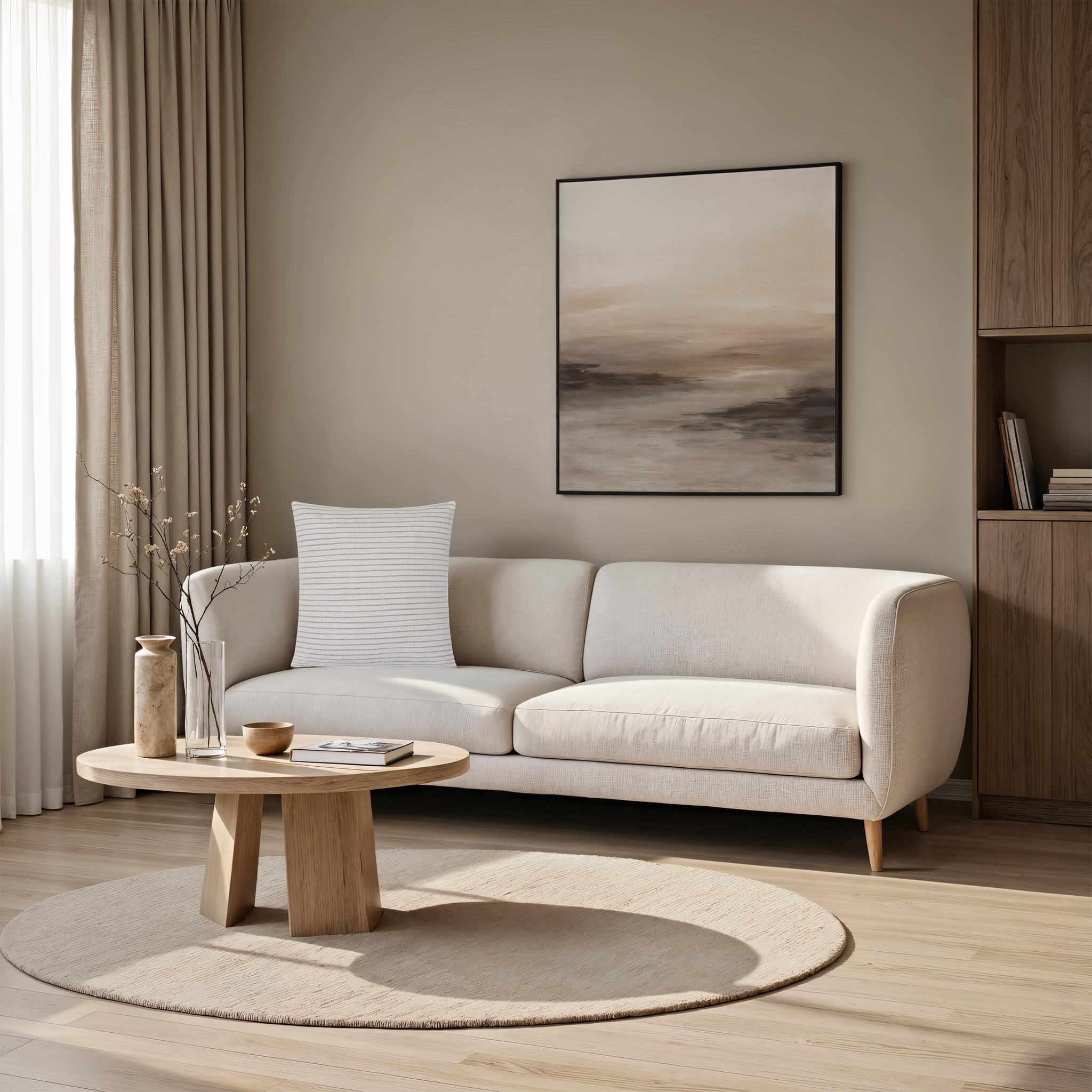 Lauren pillow on a light sofa in a modern living room with a painting