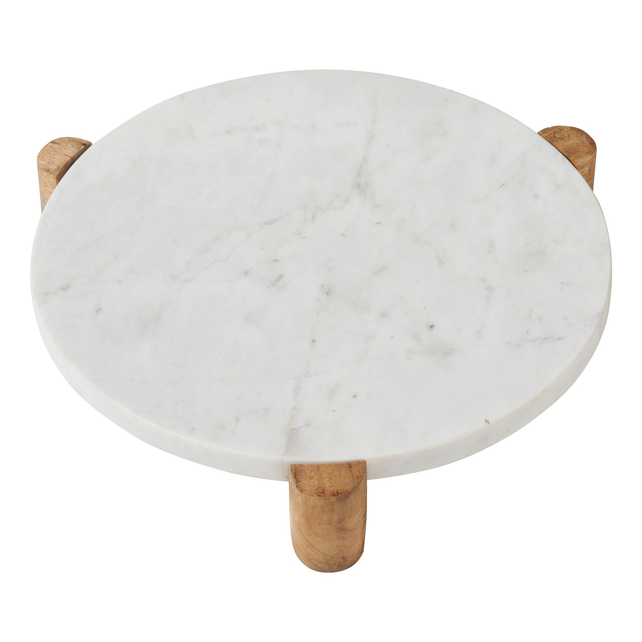 Lance round marble tray featuring wooden legs, white marble surface, top view.