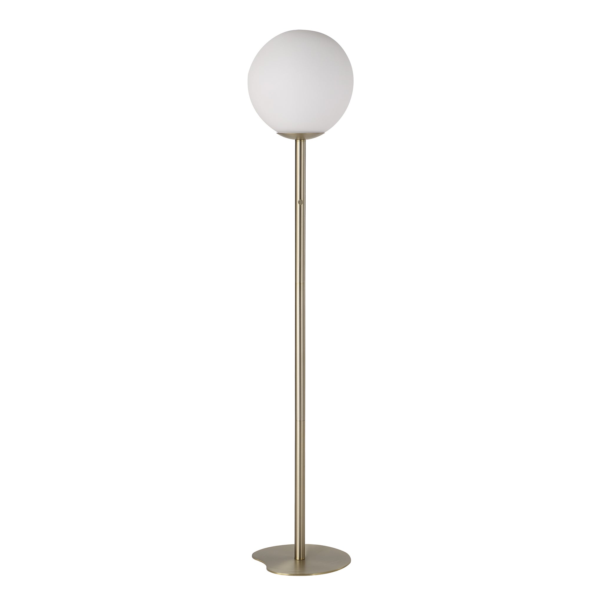 Koloa floor lamp with a white globe shade and a stylish brass base.