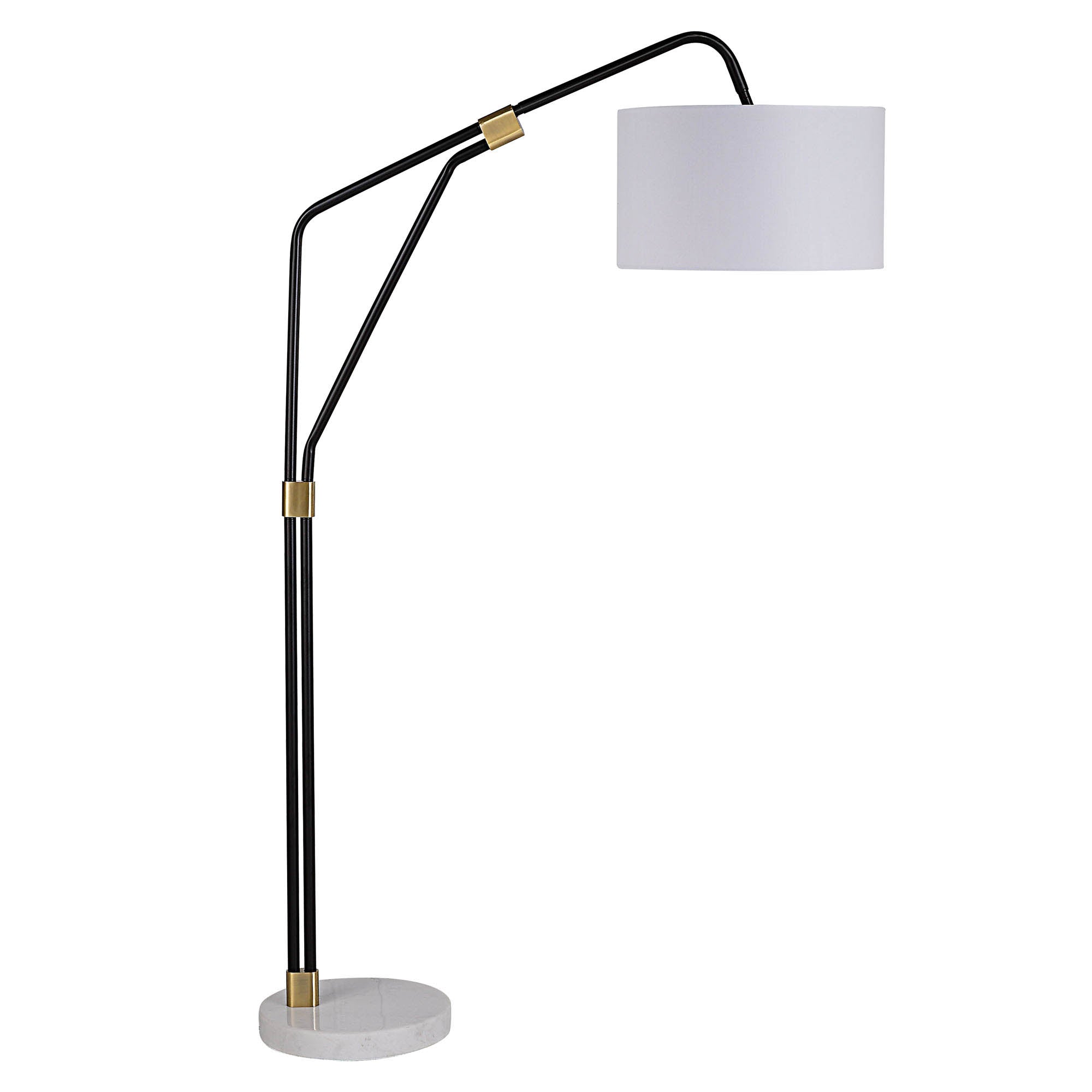 Wroxton Floor Lamp with black metal frame and white drum shade, featuring a marble base.