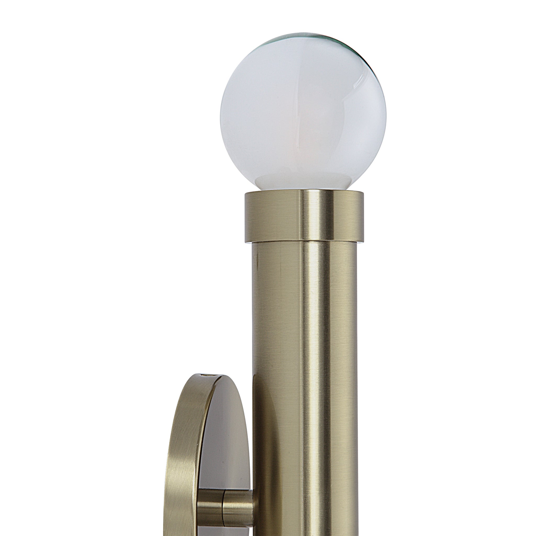 Dasia Wall Sconce close-up view in brushed brass with a single globe bulb.